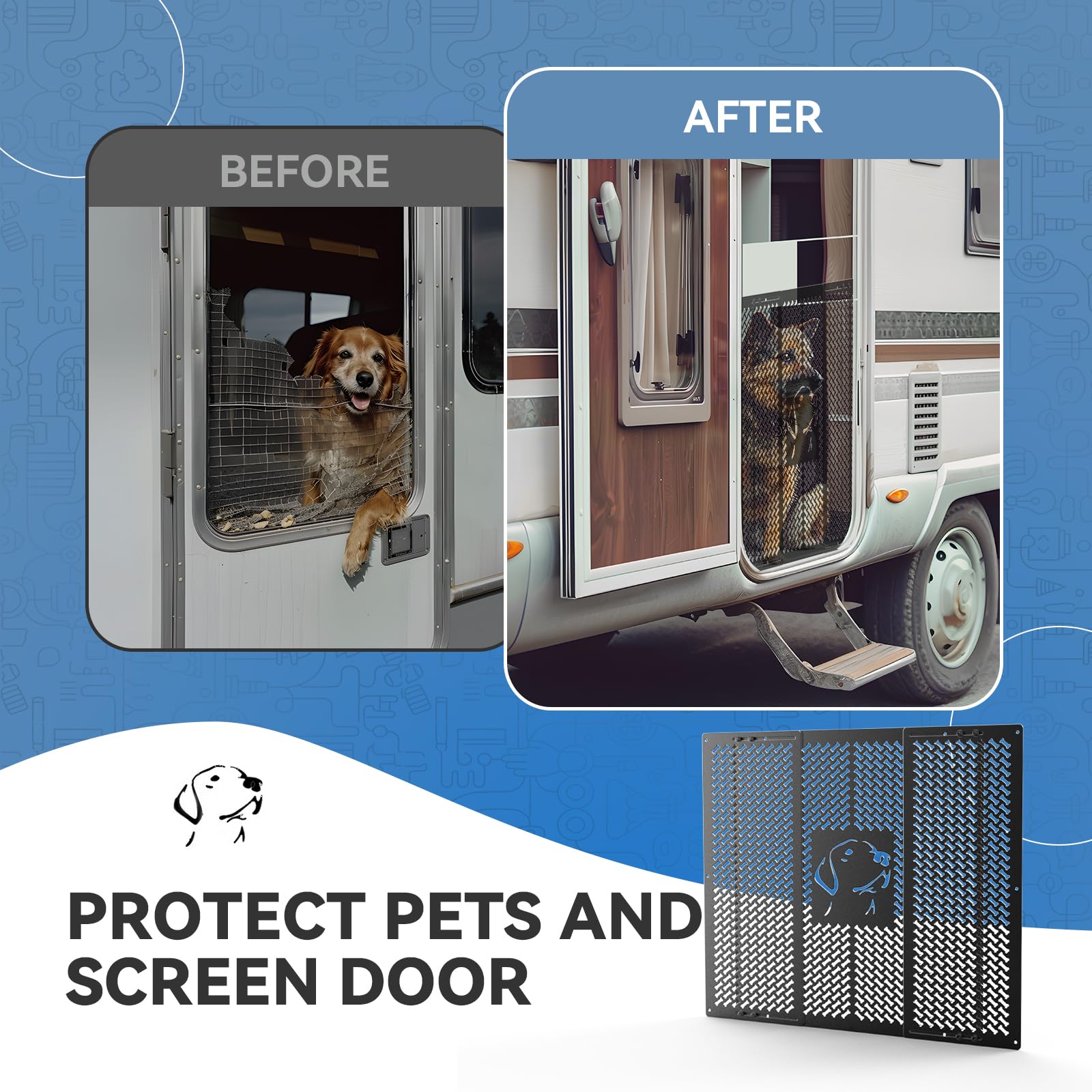 RV Screen Door Grille,Dog Friends Design, Aluminium Alloy Material Protects Screen Door from Damage, Adjustable Width Ranging fr