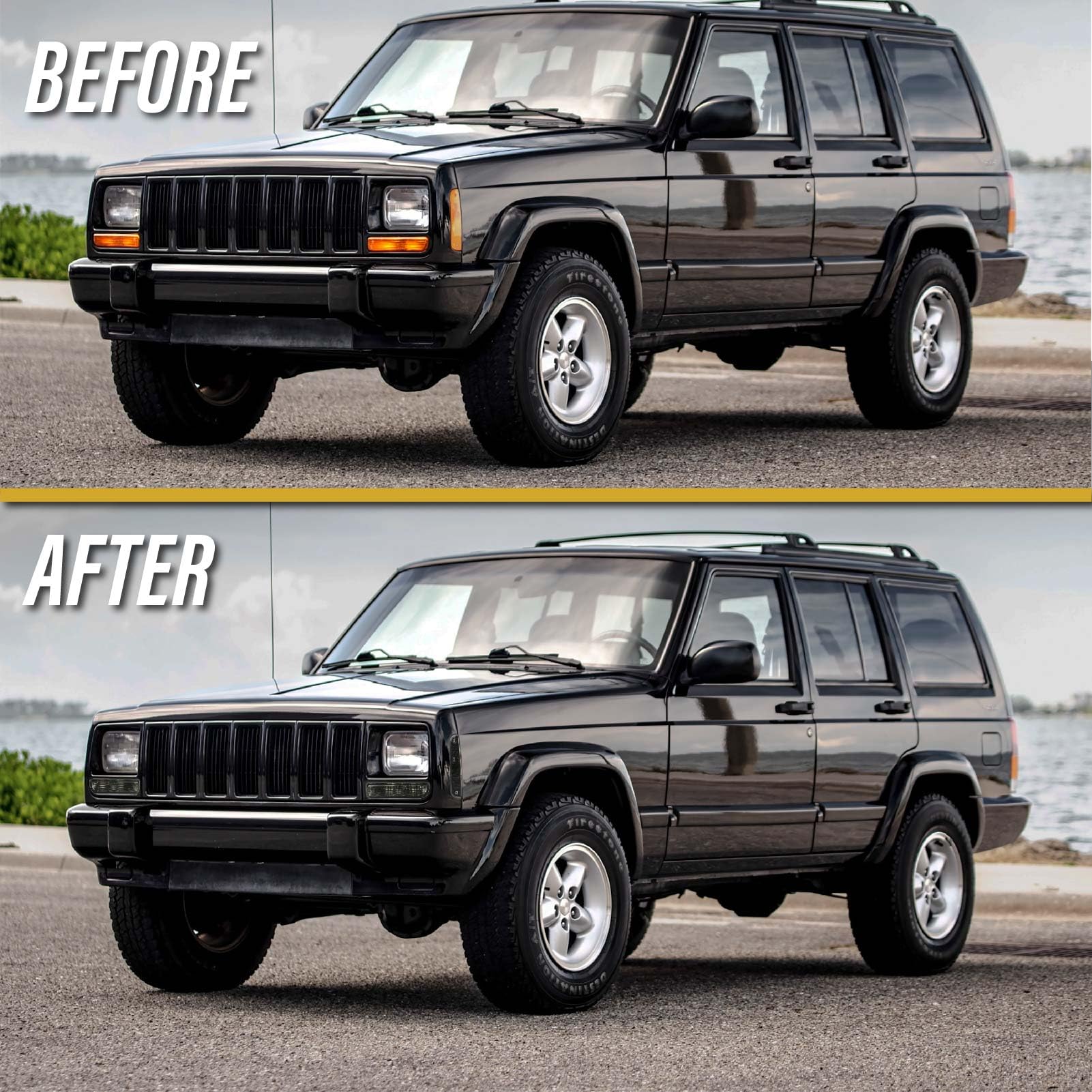 USR UNIQUE STYLE RACING 4PC Smoke Lens Set with CANBUS LEDs for 97-01 Jeep Cherokee XJ - Corner & Turn Signal Lights with Amber Bulbs