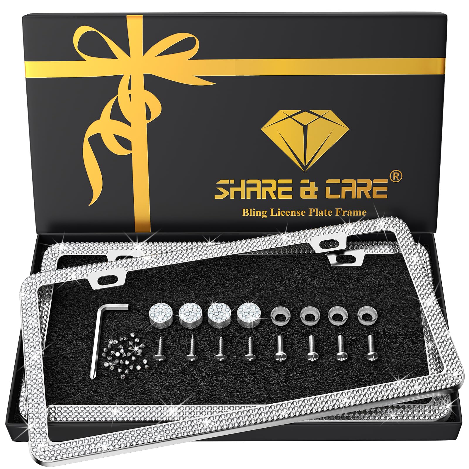 Share&Care Bling License Plate Frame With Gift Box, Crystal License Plate Cover, Car License Plate Holder With Rhinestone Crysta