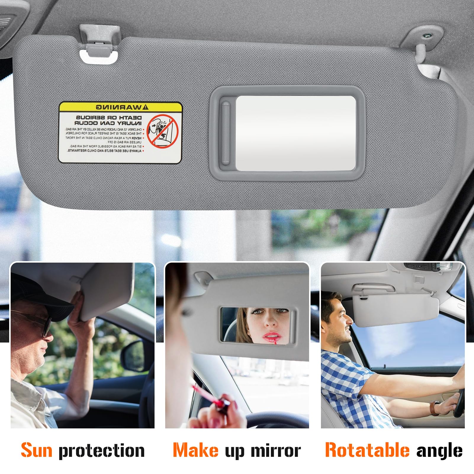 Sun Visor for 2011-2015 Hyundai Elantra, Right Passenger Side Gray Sunvisor Replacement 852203X000TX