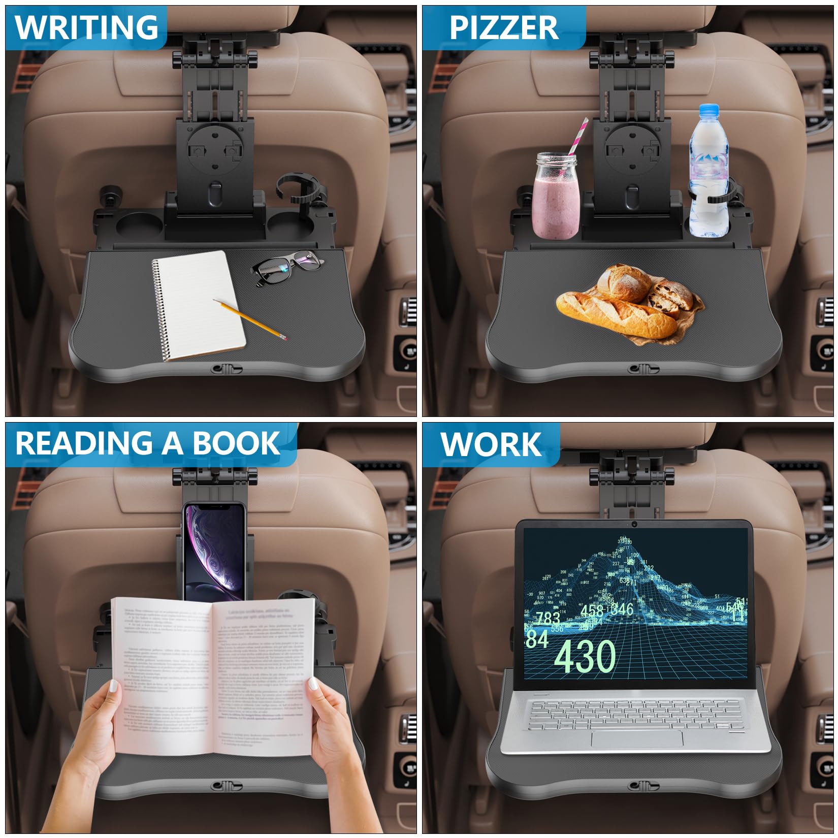 Tueou Car Seat Tray Table - Foldable Car Kids Passenger Roadtrip Eating Food Backseat Travel Trays Dinning Working Laptop Desk With Non-Slip Pad/Phone/Tablet Holder