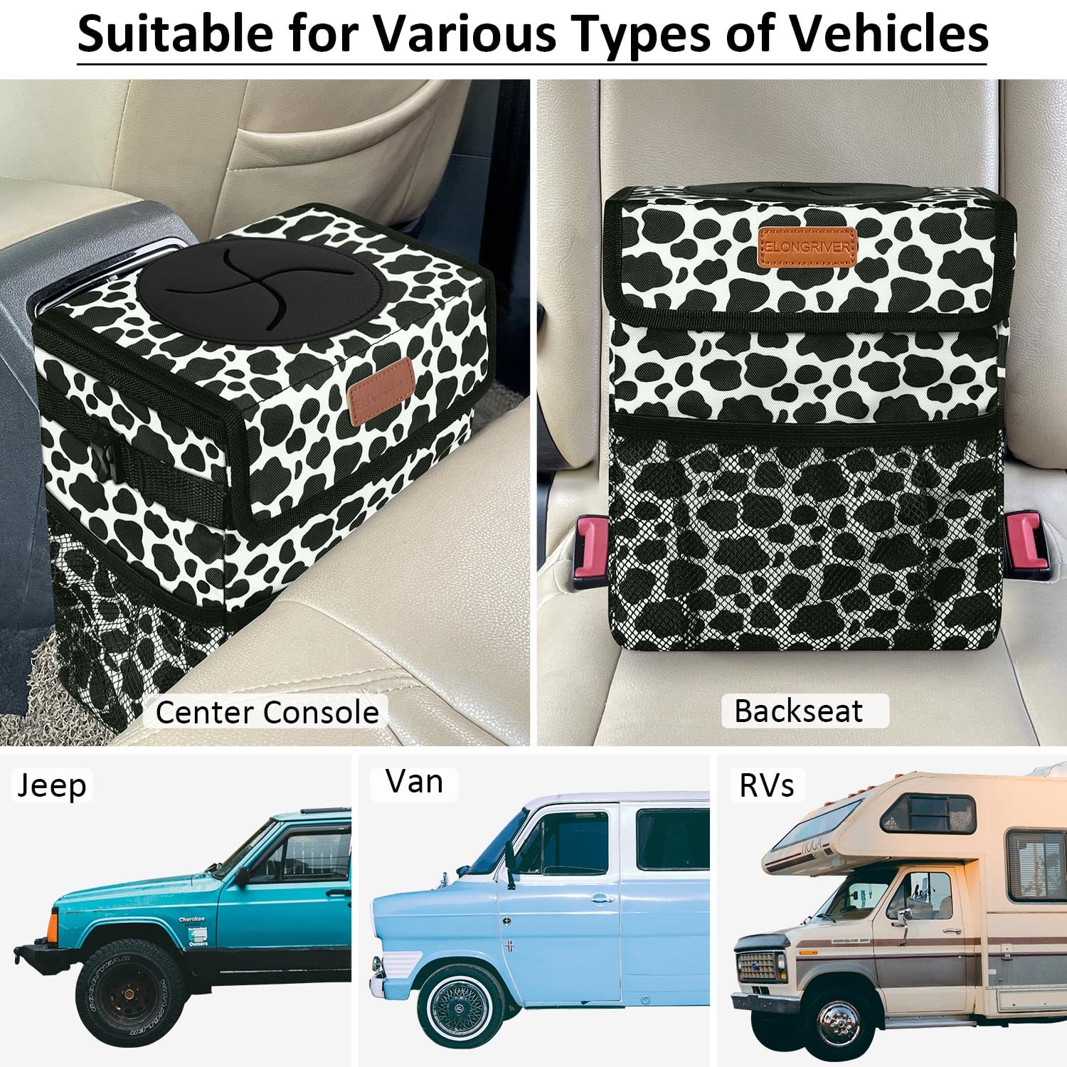 Elongriver Car Trash Can Bin For Car Back Seat Leak Proof, Cute Car Trash Bag Hanging, Vehicle Trash Can For Suv Truck Van, Automotive Car Garbage Cans Front Seat Cow Print