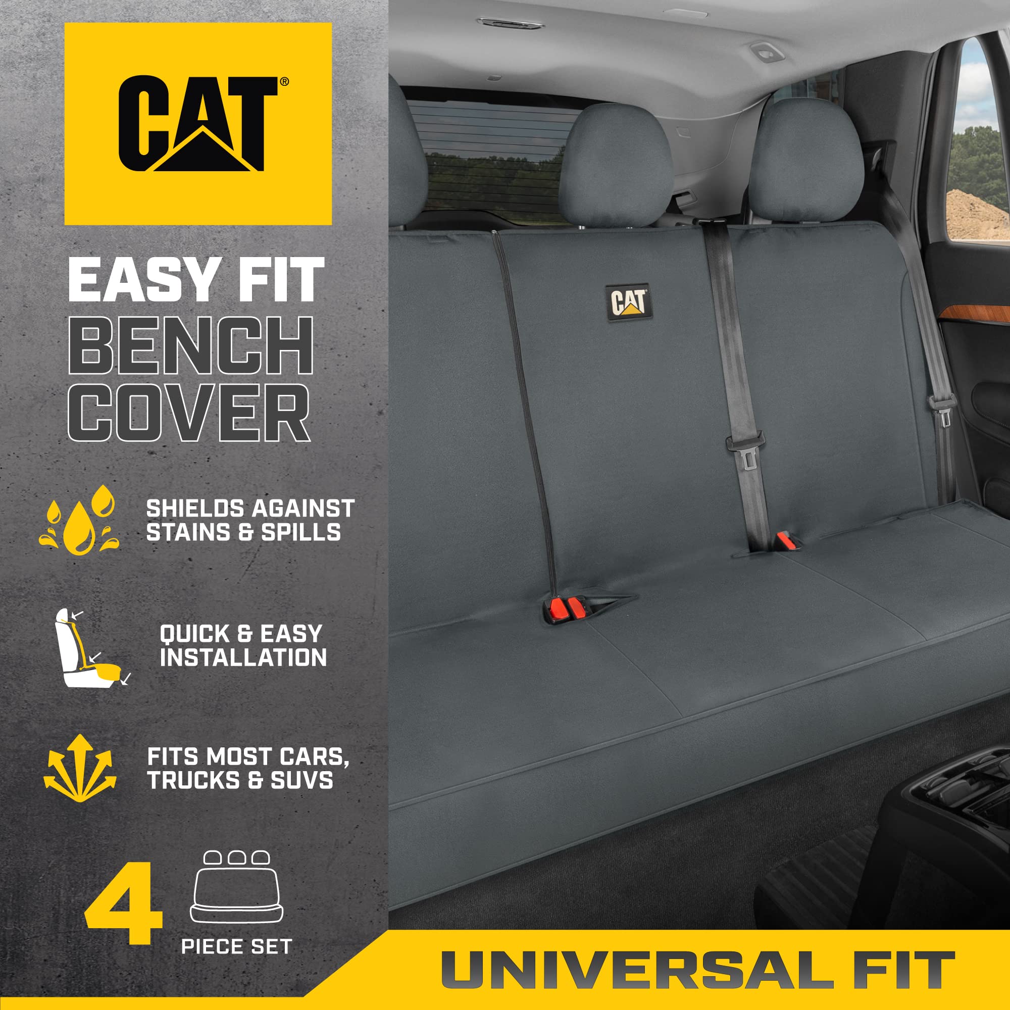 Cat Flexfit Back Seat Cover For Cars Trucks Suv, Zipper Split Rear Bench Protector With Durable Canvas Material, Interior Cover