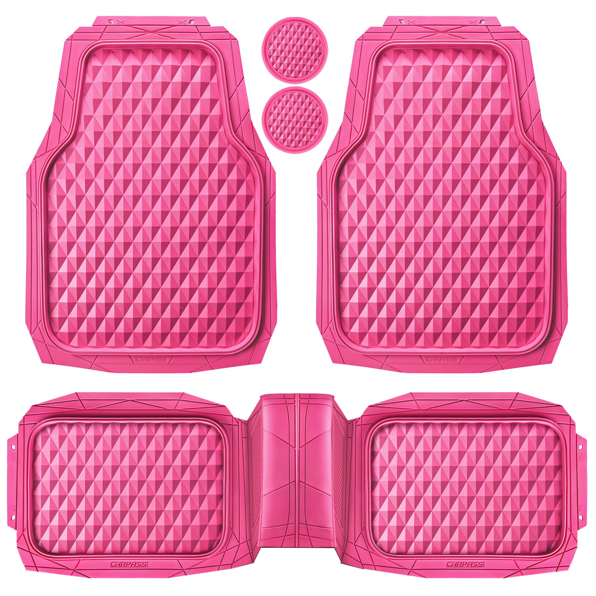 CAR PASS Heavy Duty Rubber Pink Car Floor Mats, Deep Dish All-Weather Full Set Durable Anti-Slip 3D Rhombus Waterproof Trim to F