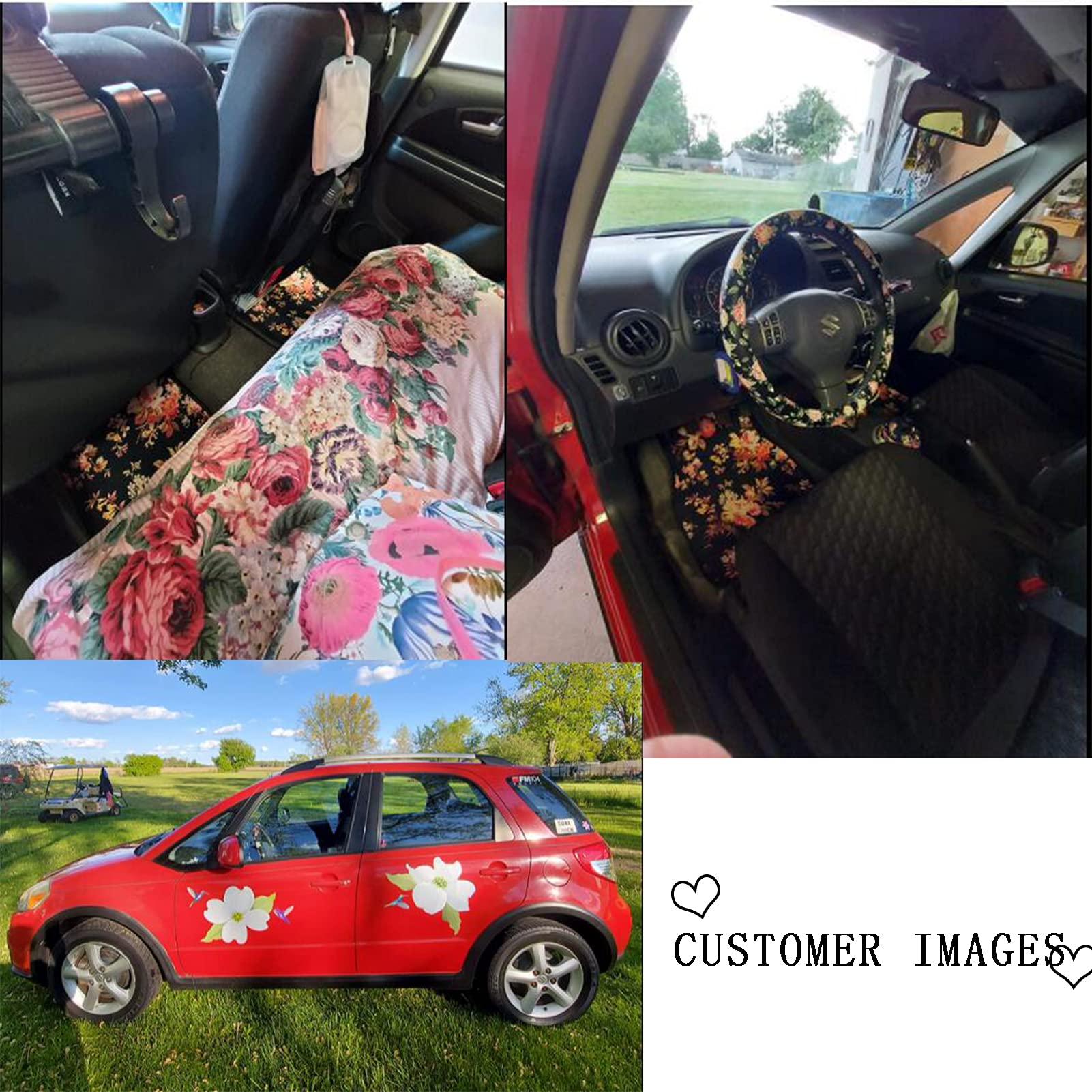 FUIBENG Art Flowers Pattern Car Floor Mats Front Rear Premium Carpets Mat, Set of 4 Floral Auto Foot Mats Universal Fit Vehicles