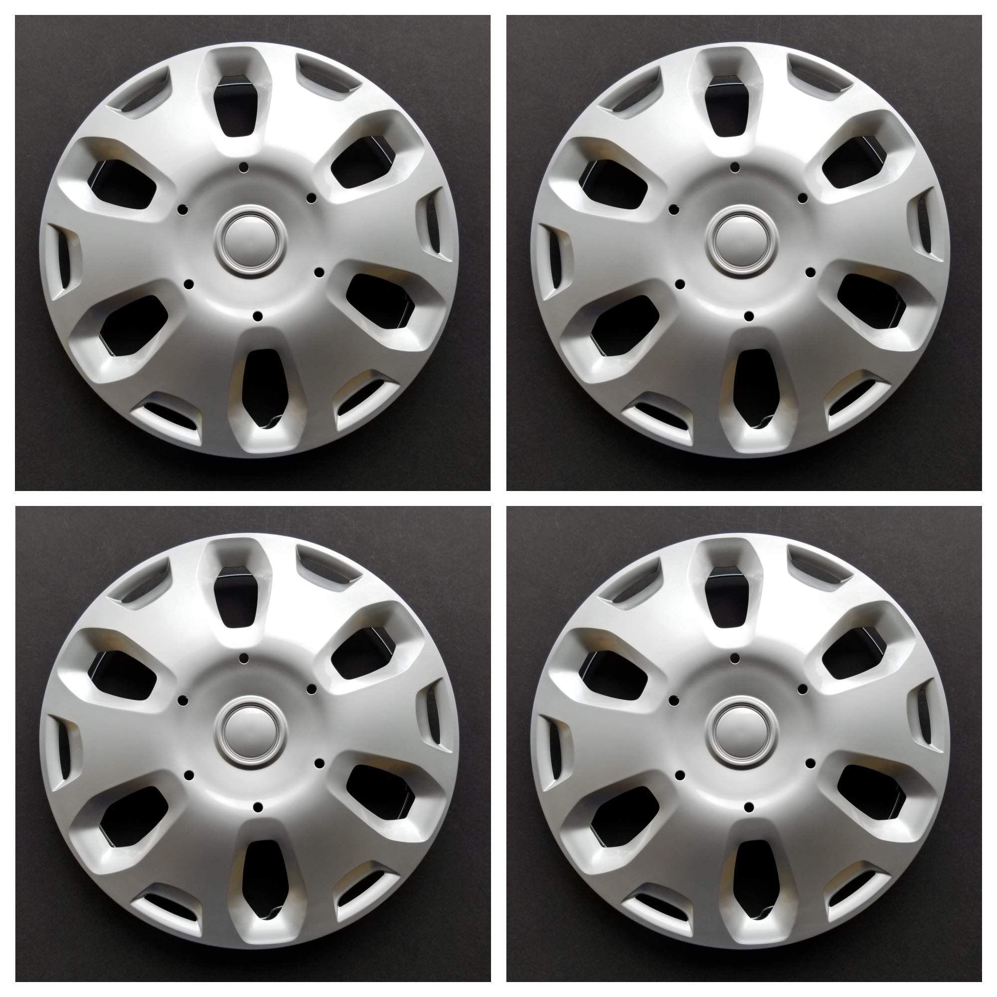New Wheel Covers Replacements Fits 2010 2013 Ford Transit Connect 15 Inch; 6 Spoke; Silver Color; Plastic; Set of 4; Spring Stee