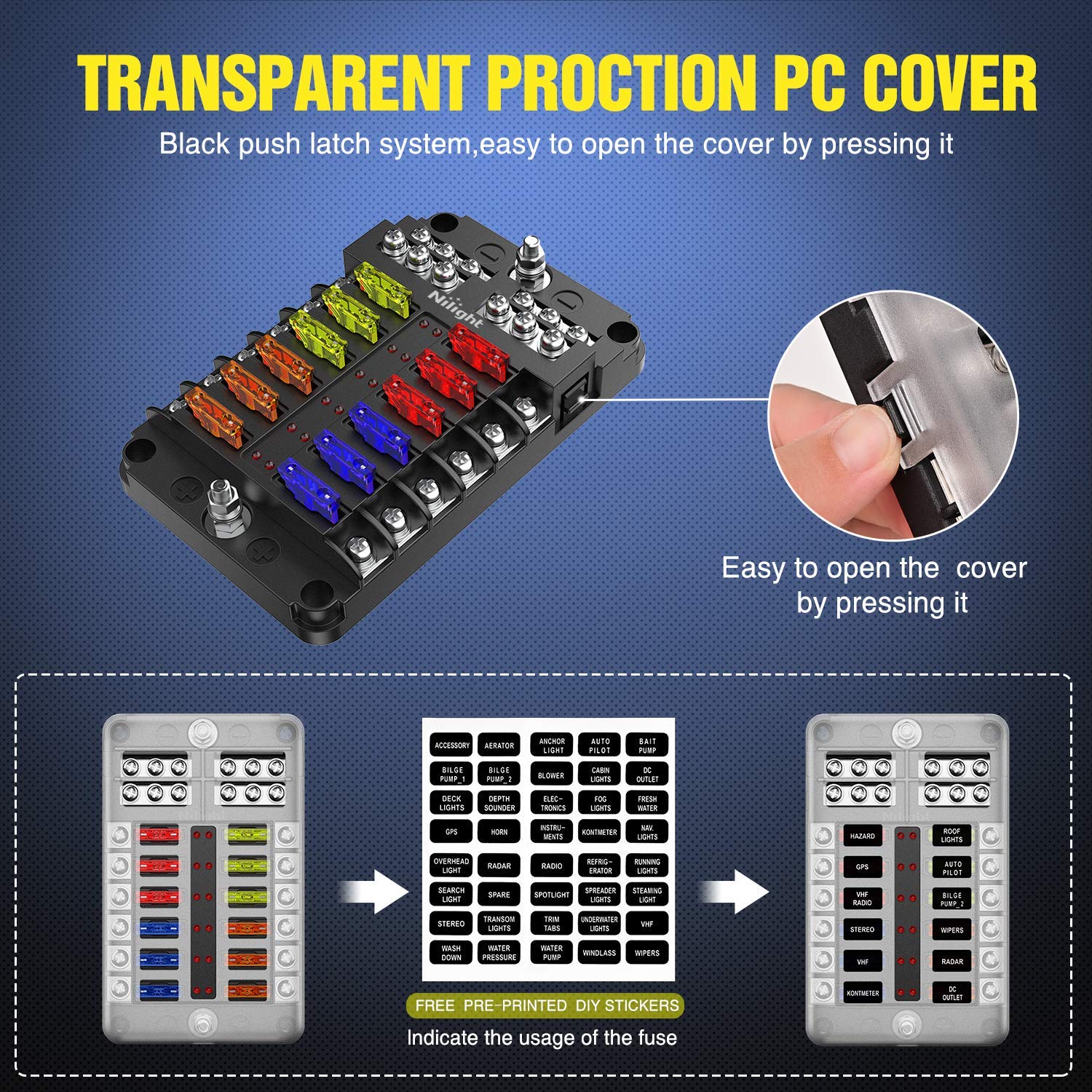 Nilight - 50056L 12 Way Blade Fuse Block 12 Circuits With Negative Bus Fuse Box Holder With Led Indicator Ato/Atc Fuse Panel Waterproof Cover For 12V Automotive Cars, Marine Boats, Rvs, Trailers