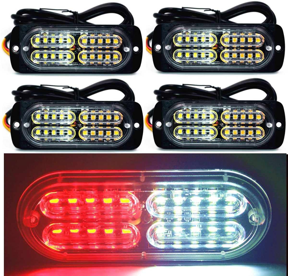 12-24V 20-Led Super Bright Emergency Warning Caution Hazard Construction Waterproof Amber Strobe Light Bar With 32 Different Flashing For Car Truck Suv Van - 4Pcs (White Red)