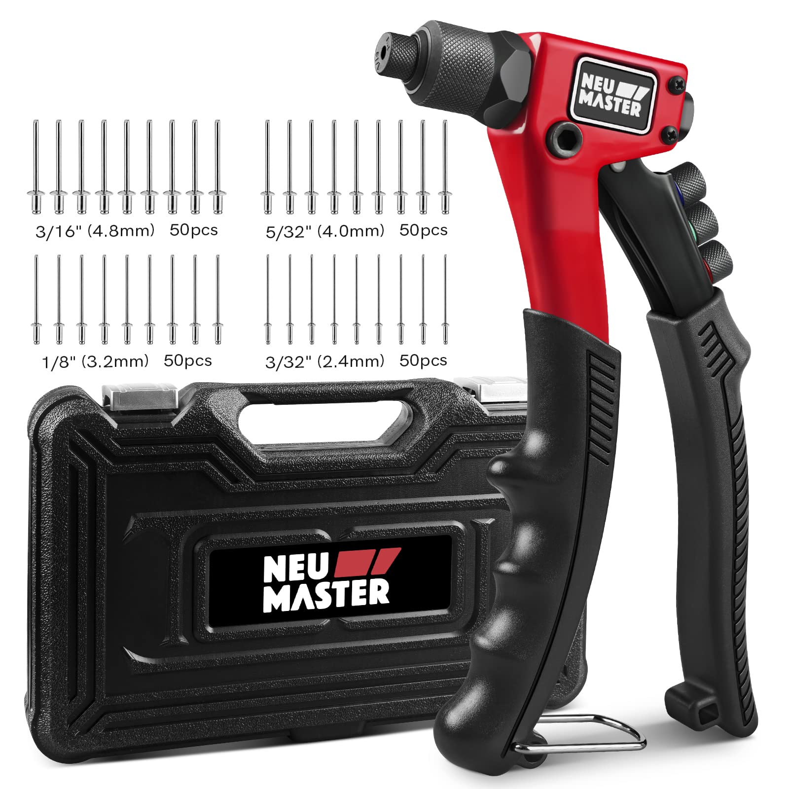 Neu Master Rivet Gun With 200Pcs Rivets, Manual Rivet Gun Kit With 4 Tool-Free Interchangeable Rivet Heads, Bmc Case, Heavy Duty Single Hand Riveter For Plastic, Metal, Leather