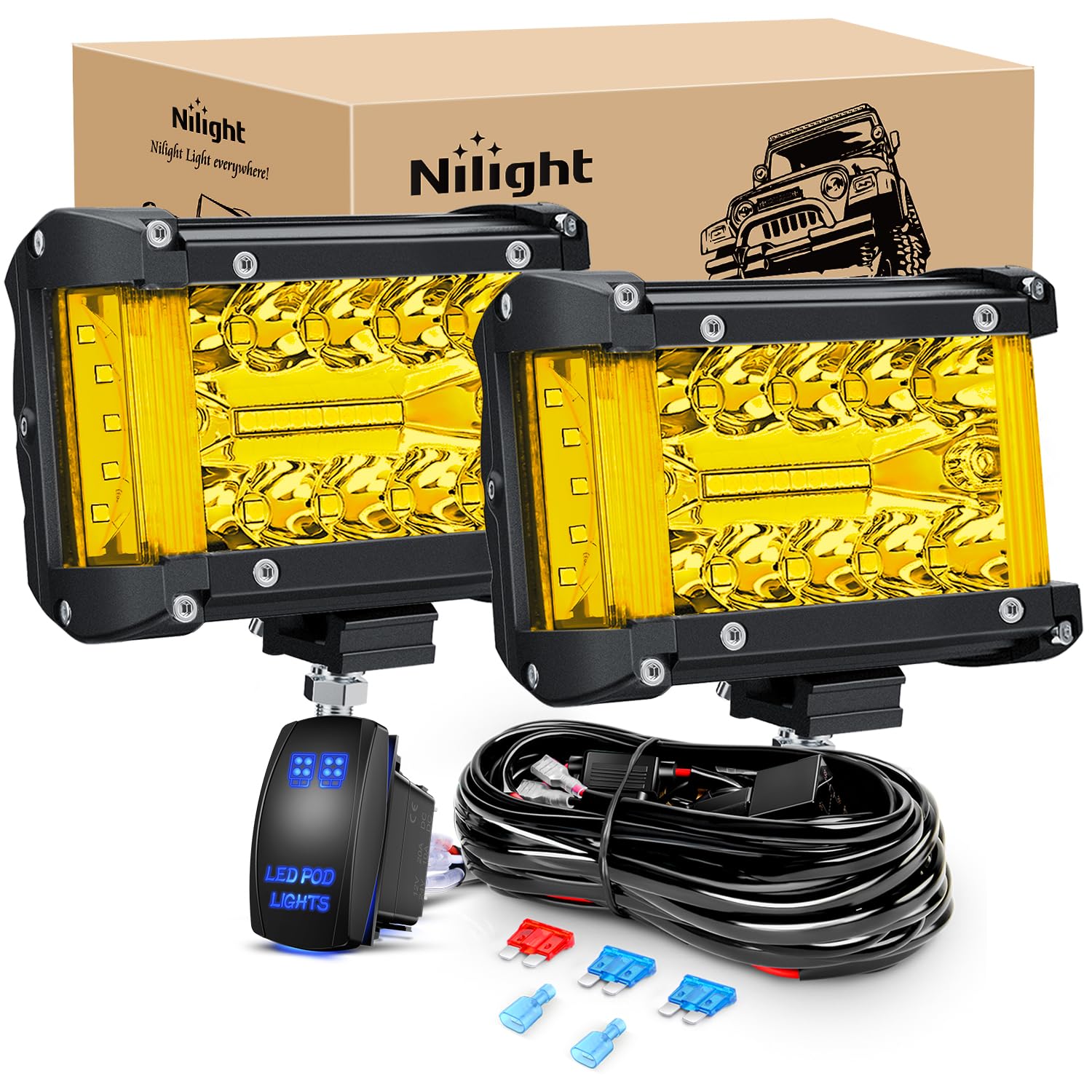 Nilight Side Shooter Led Light Bar 2Pcs 4.3Inch Triple Row Spot Flood Combo Yellow Beam Led Light With 5Pin Rocker Switch Wiring