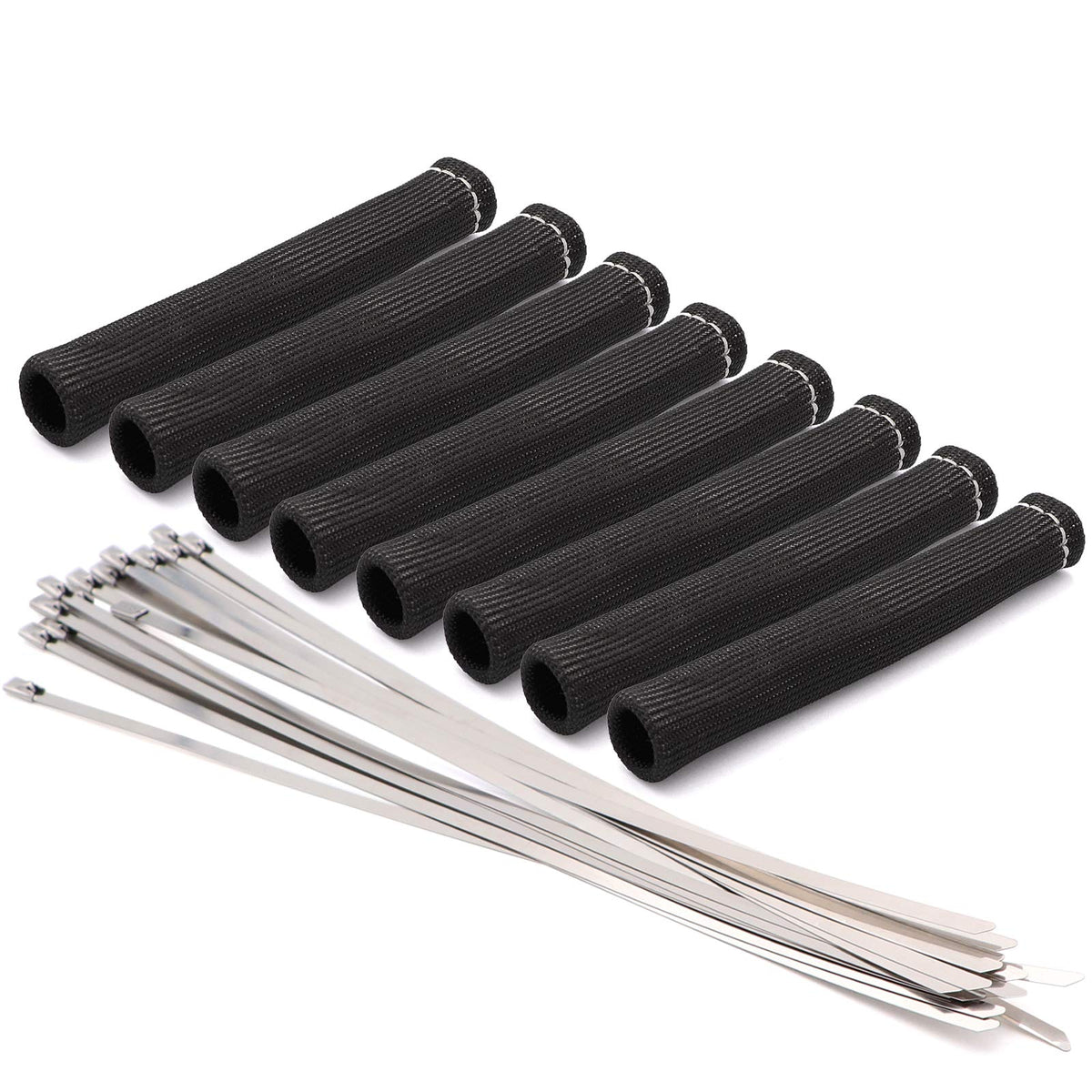 Fuzbaxy 8Pcs Spark Plug Wire Boots 6 Inches 2500 Heat Shield Protector Sleeve With 16Pcs Stainless Steel Wire Ties(Black)