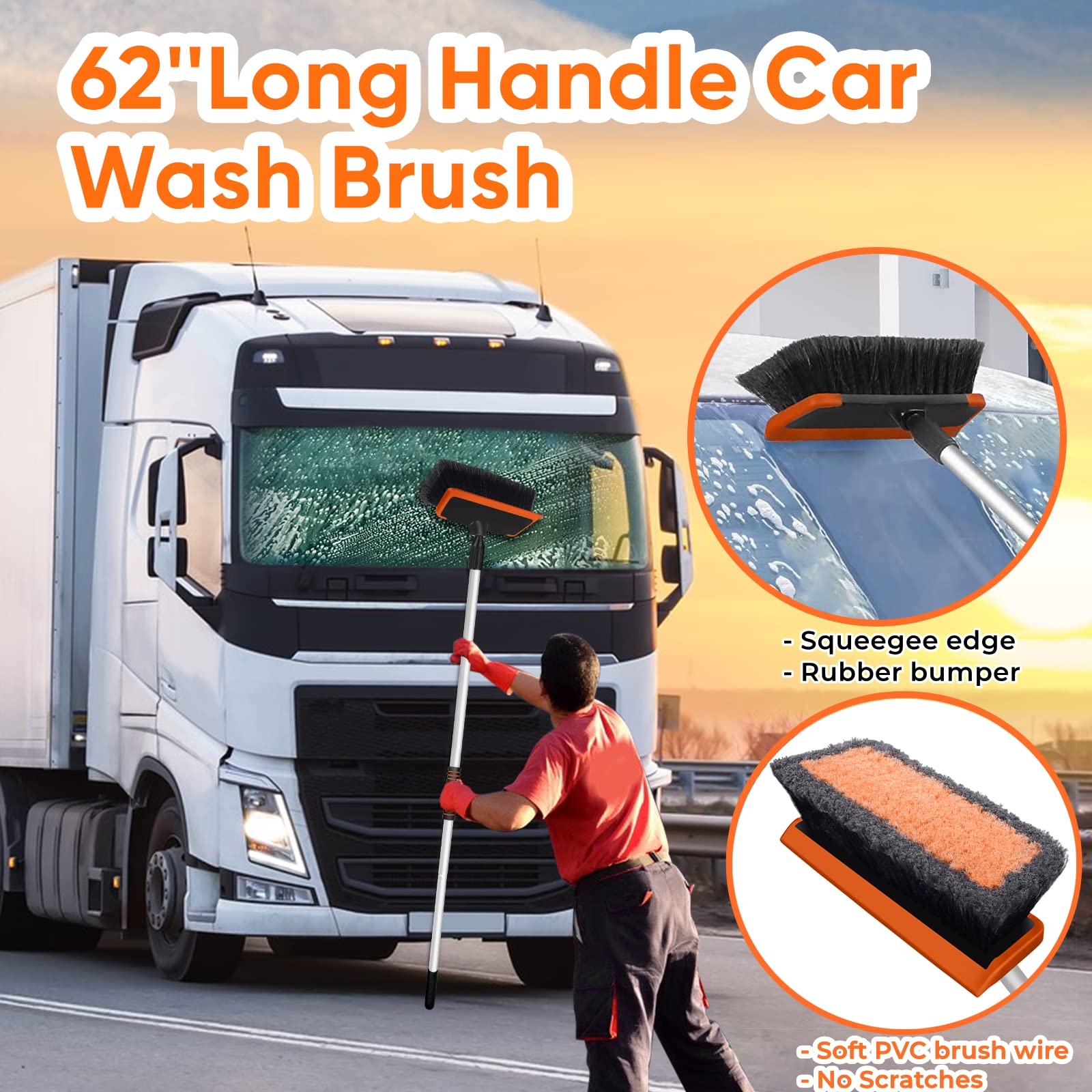 Wontolf 62'' Car Wash Brush With Long Handle, Scratch-Free Soft Bristles Sturdy Car Wash Mop, Complete Cleaning Brush Kit Wash M
