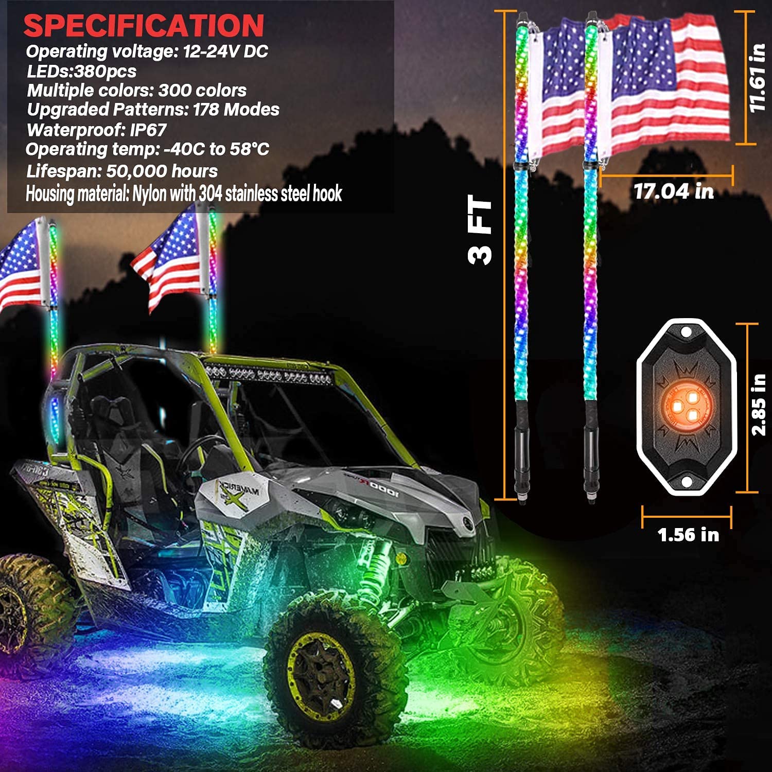 OHMU 2Pcs 3FT LED Whip Lights and 3rd-Gen Rock Lights Kit with Bluetooth and Remote Control 360 Spiral Chase RGB 8 Pods Neon Lig