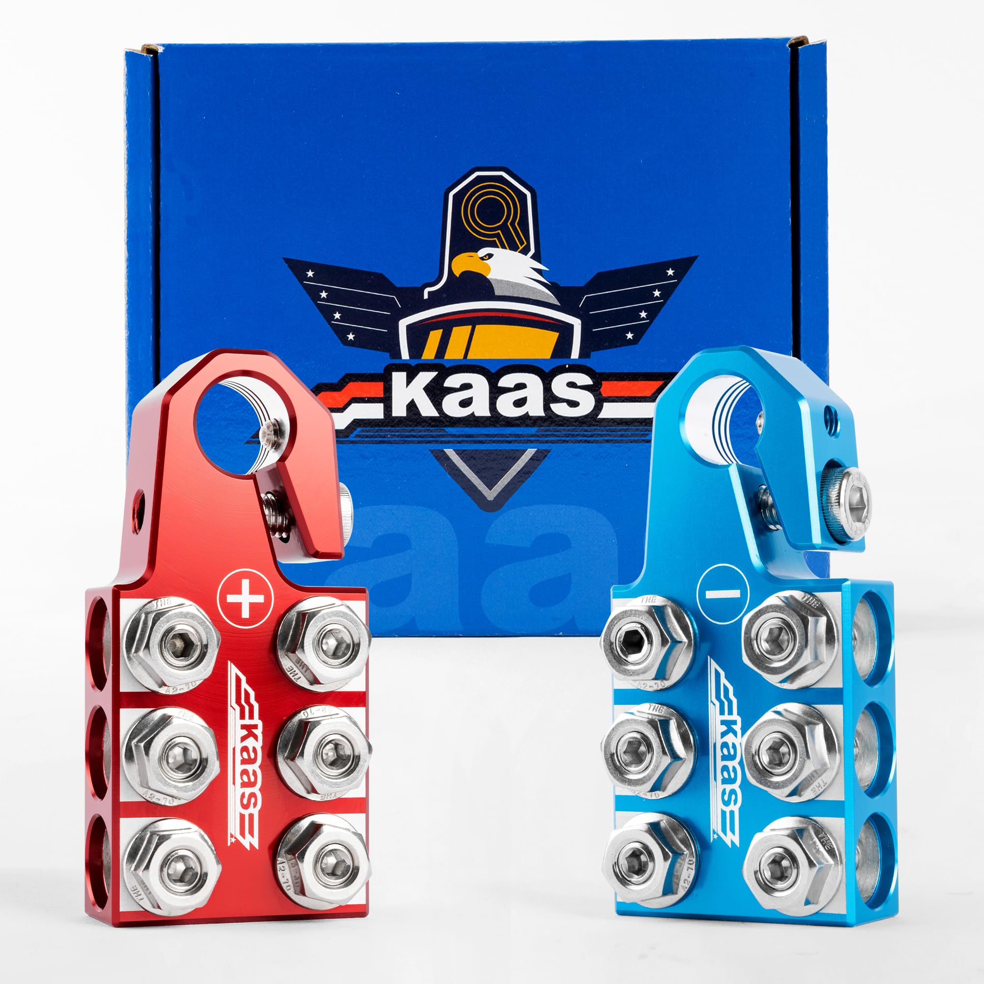 Kaas Battery Terminal Connectors, Colored Anode Top Post Battery Terminal, Positive (Red) Negative (Blue) Set (+/-), For Sae/Din/En Tapered Top Post, 12-Way Terminal Clamps In 8Awg To 4/0 (Xl) Awg