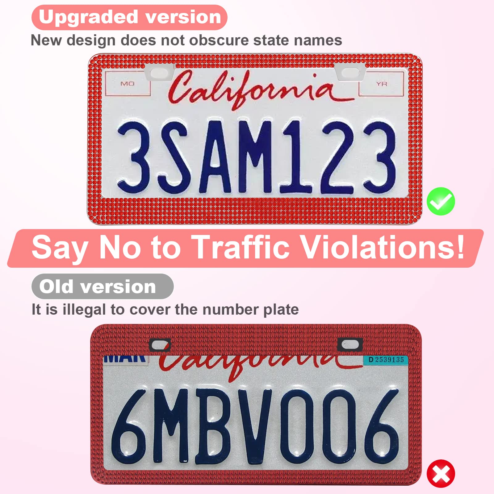 Quanqiufei 2 Pack Bling License Plate Frames For Women, Sparkly Rhinestone Diamond Car Accessories With Glitter Crystal Caps (Re