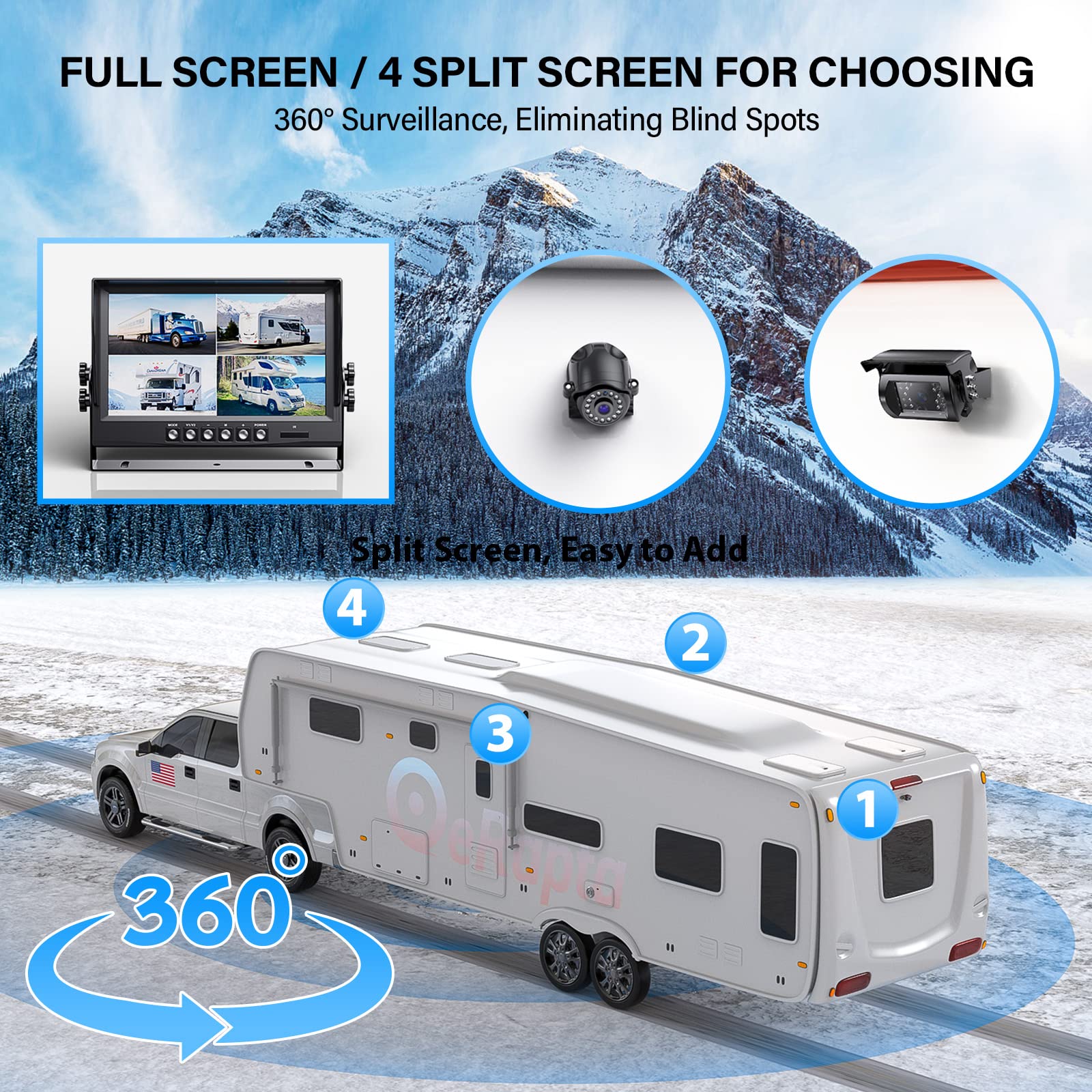 Erapta 1080P Wired Backup Camera System Kit,9'' Hd Dvr Monitor With Ip69 Waterproof Reverse/Side View Camera For Rv Truck/Semi B