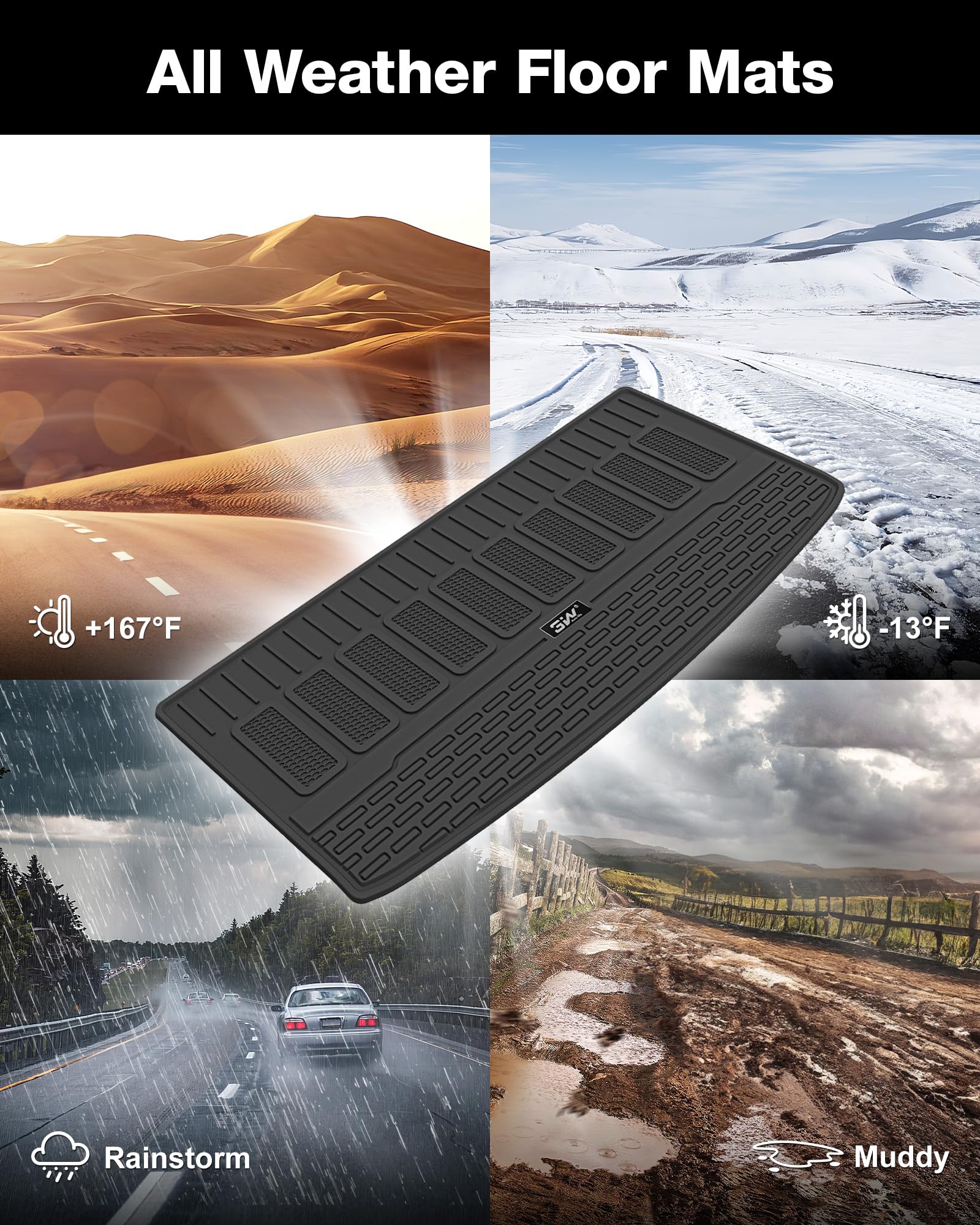 3W Cargo Liner Compatible With Jeep Grand Wagoneer(Non L) 2022-2024 2025 7 Passenger Model All Weather Custom Fit Black Trunk Ma