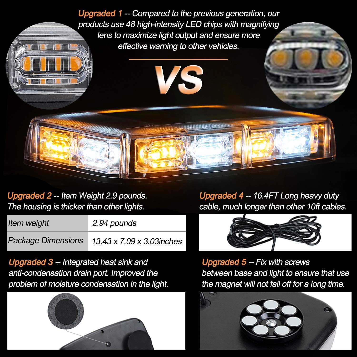Aspl [Upgraded 5] 48Led Roof Top Strobe Lights, High Visibility Emergency Safety Warning Led Mini Strobe Light Bar With Magnetic