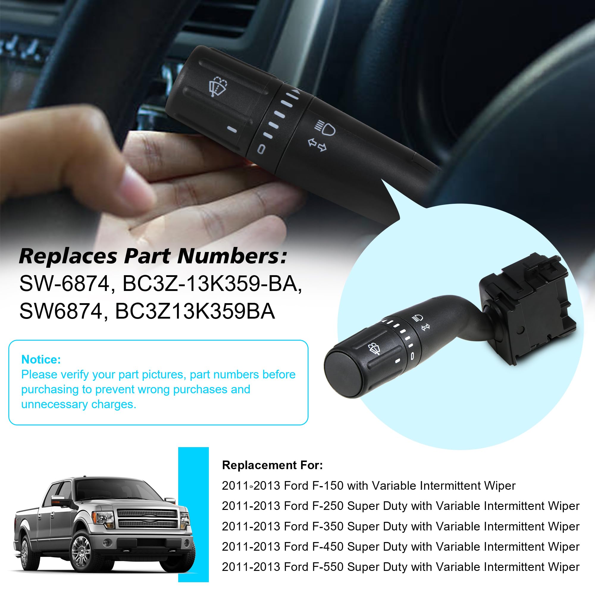 Sw-6874 Windshield Wiper Switch Turn Signal Multi-Function Combination Switch Replacement For 2011-2013 Ford F-150 F-250 F-350 F