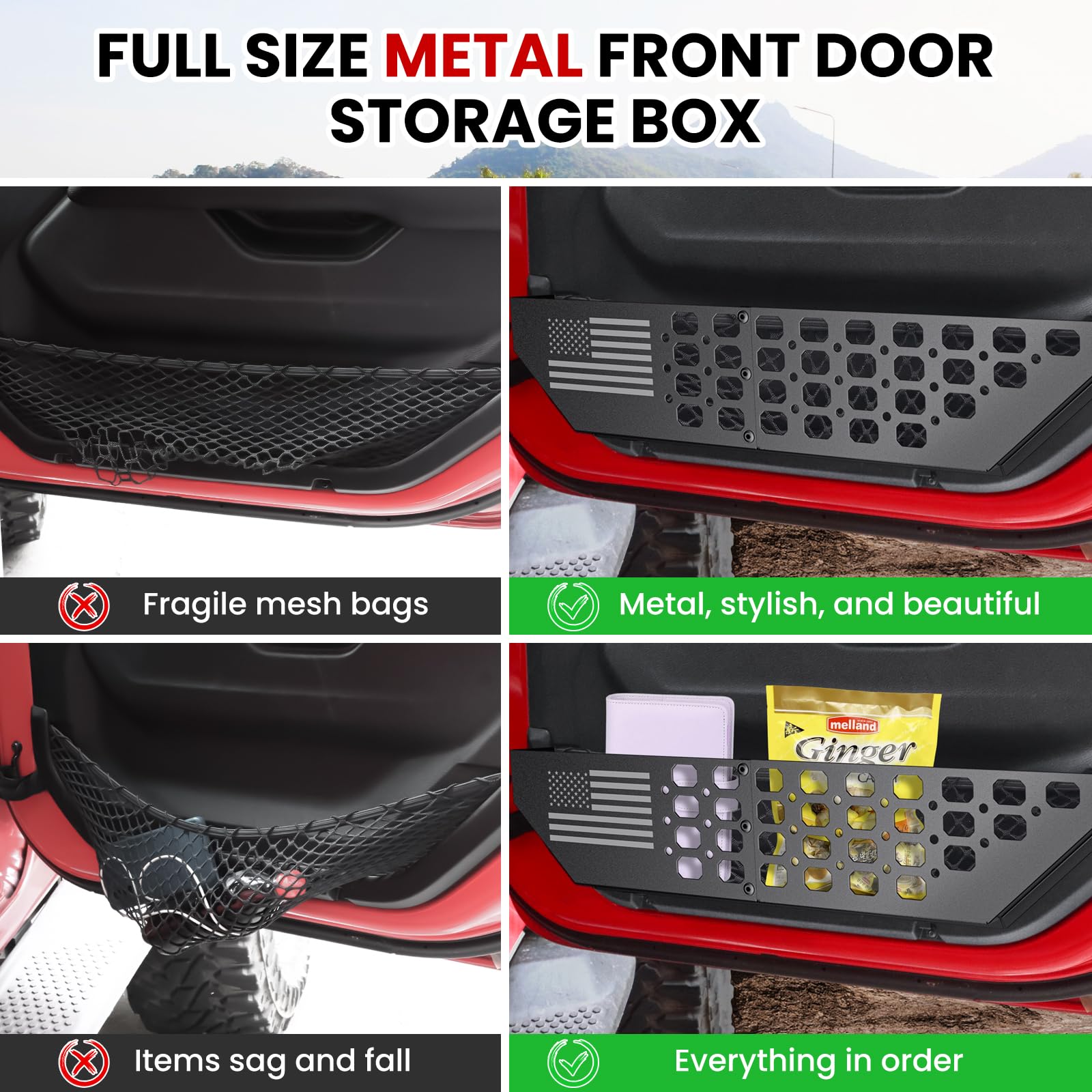 DIAMOOKY Metal Front Door Pocket Storage Box for Jeep Wrangler JL JLU 4XE 2018-2025 & Gladiator JT 2020-2022 2023 2024 2025 Acce