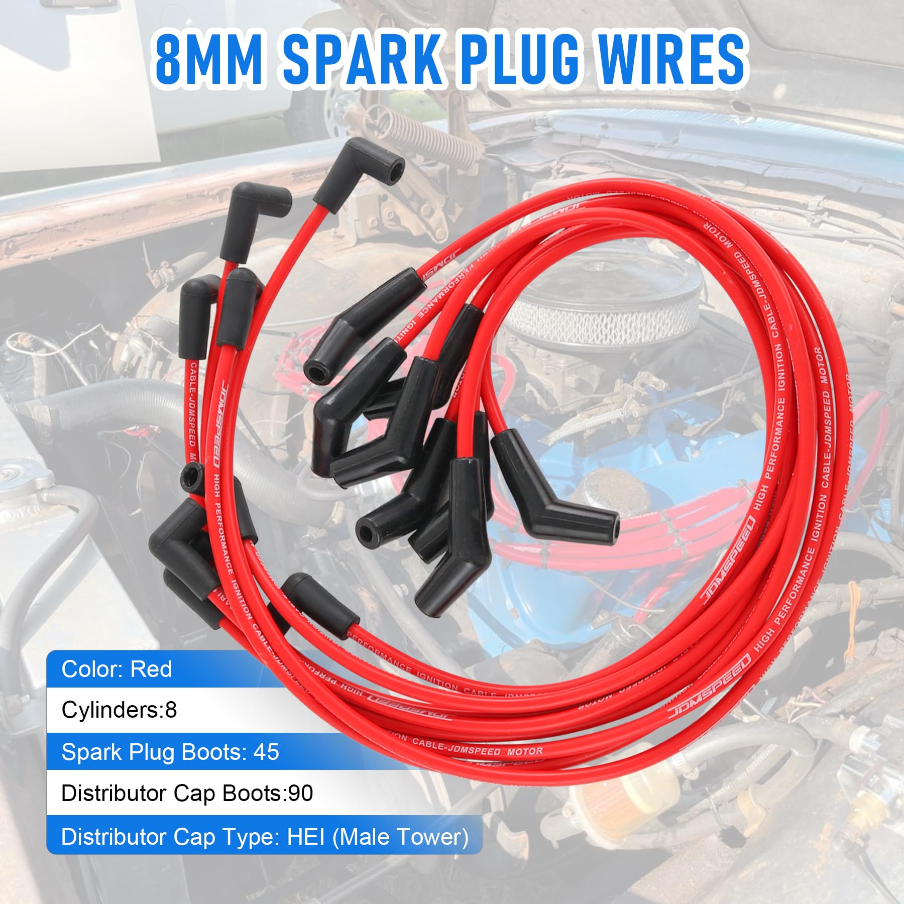 Jdmspeed New Hei Red Spiral Core Spark Plug Wires 45 Degree End 396-427-454-502 Replacement For Chevy Bbc
