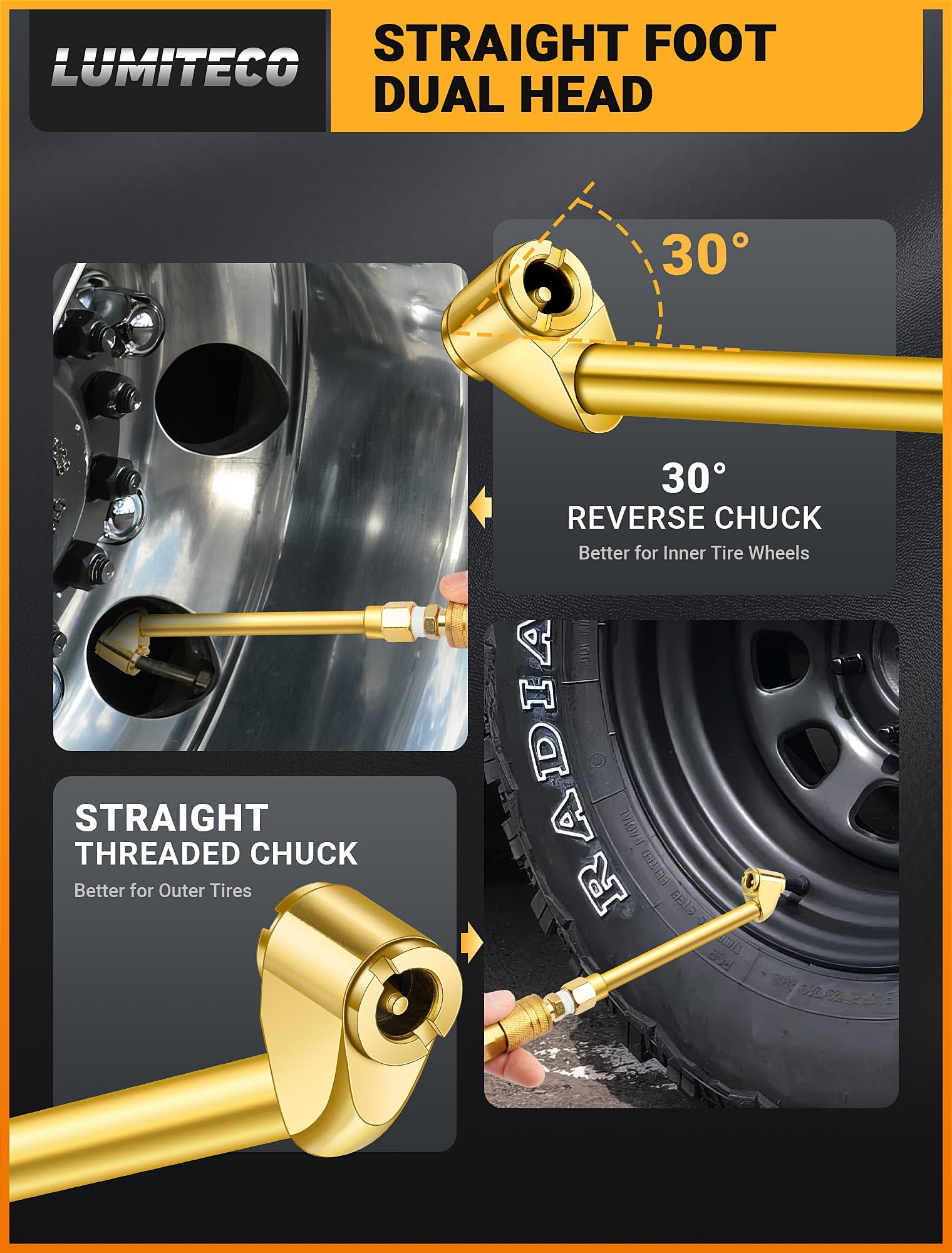 LUMITECO 2 Pack Heavy Duty Air Chuck Set-1/4 Inch Female NPT Closed Ball tire Chuck, Dual Head Air Chuck and Standard Male Quick