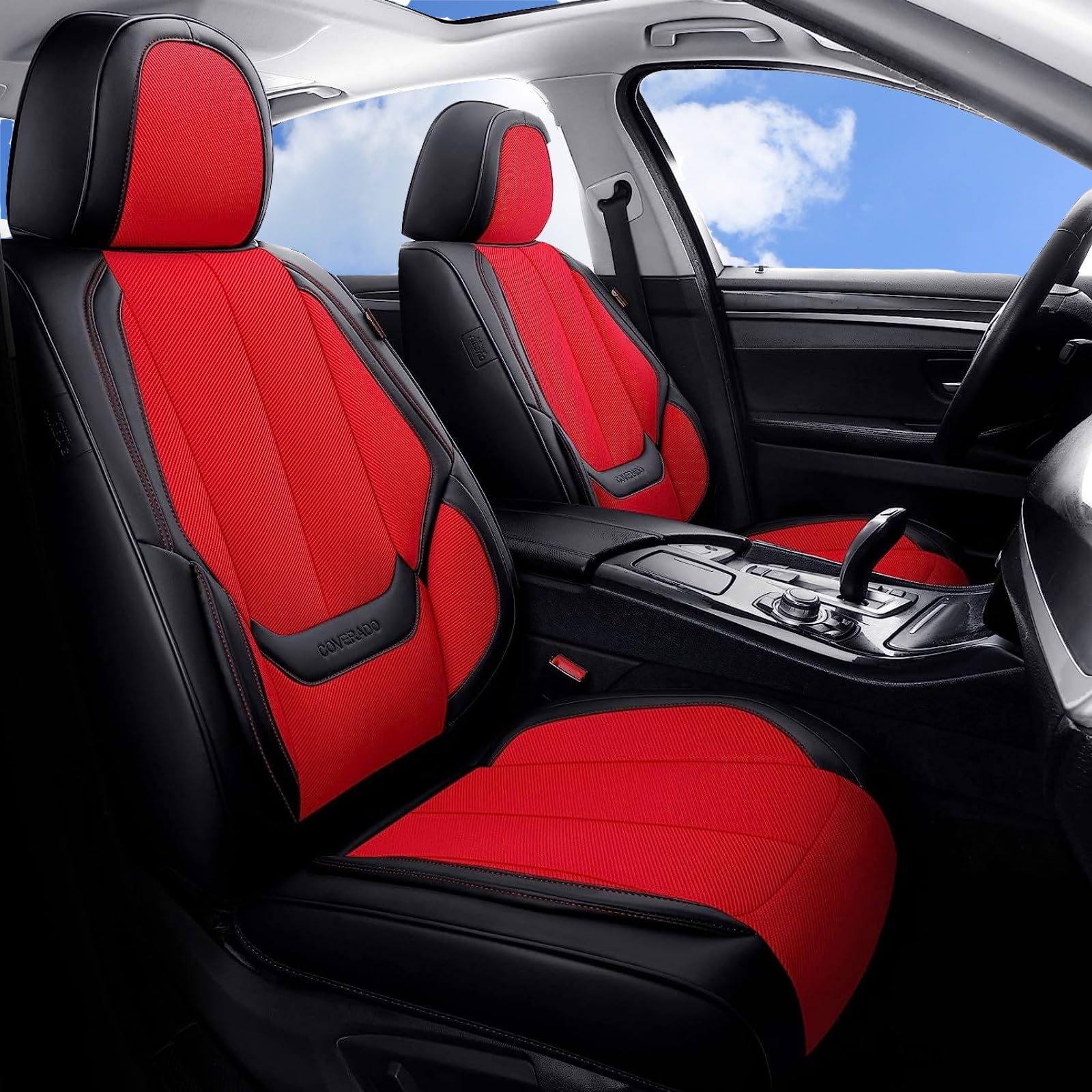 Coverado Seat Covers Full Set, Breathable Fabric&Leather Car Seat Cover, 5 Seats Universal Car Seat Protectors, Seat Cover Water