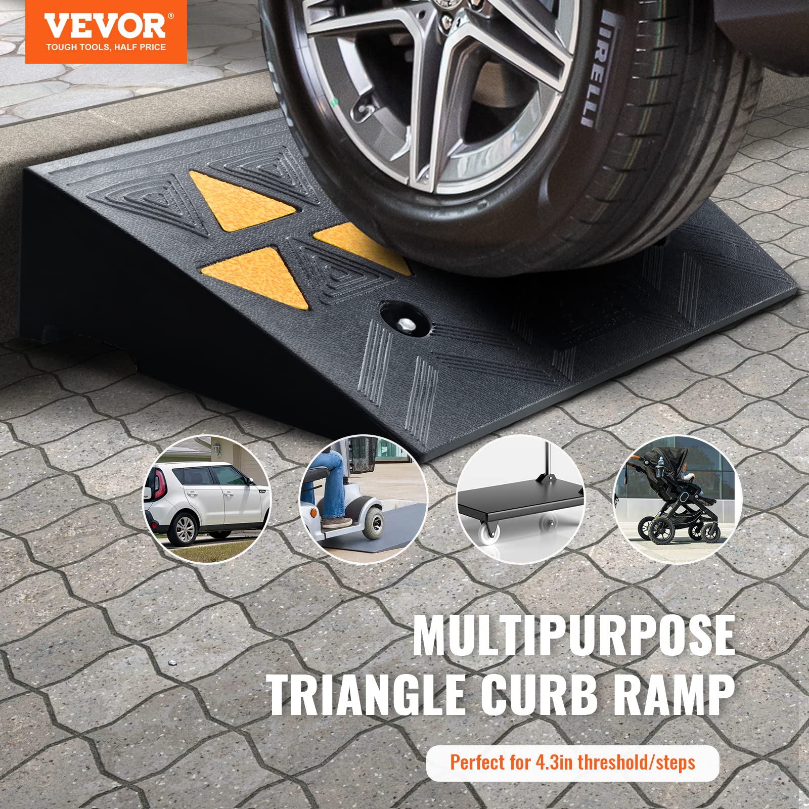Vevor Rubber Curb Ramp 4.3'' Rise Height 2 Pack, Heavy-Duty 33069 Lbs/15 T Capacity Threshold Ramps, Driveway Ramps With Stable