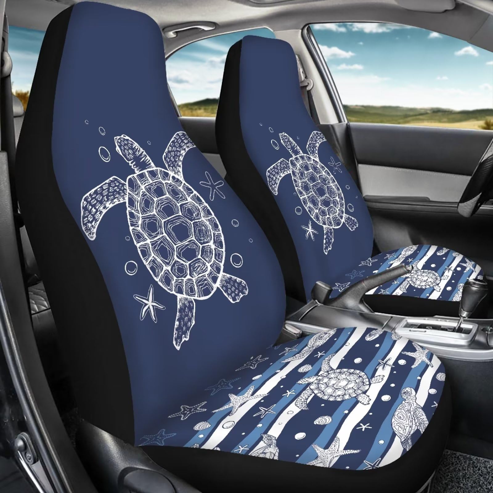 Talayituse Turtle Starfish Print Auto Seat Cover Full Set 2 Pack, Bucket Seat Covers, Car Protection Interior Accessories for Me