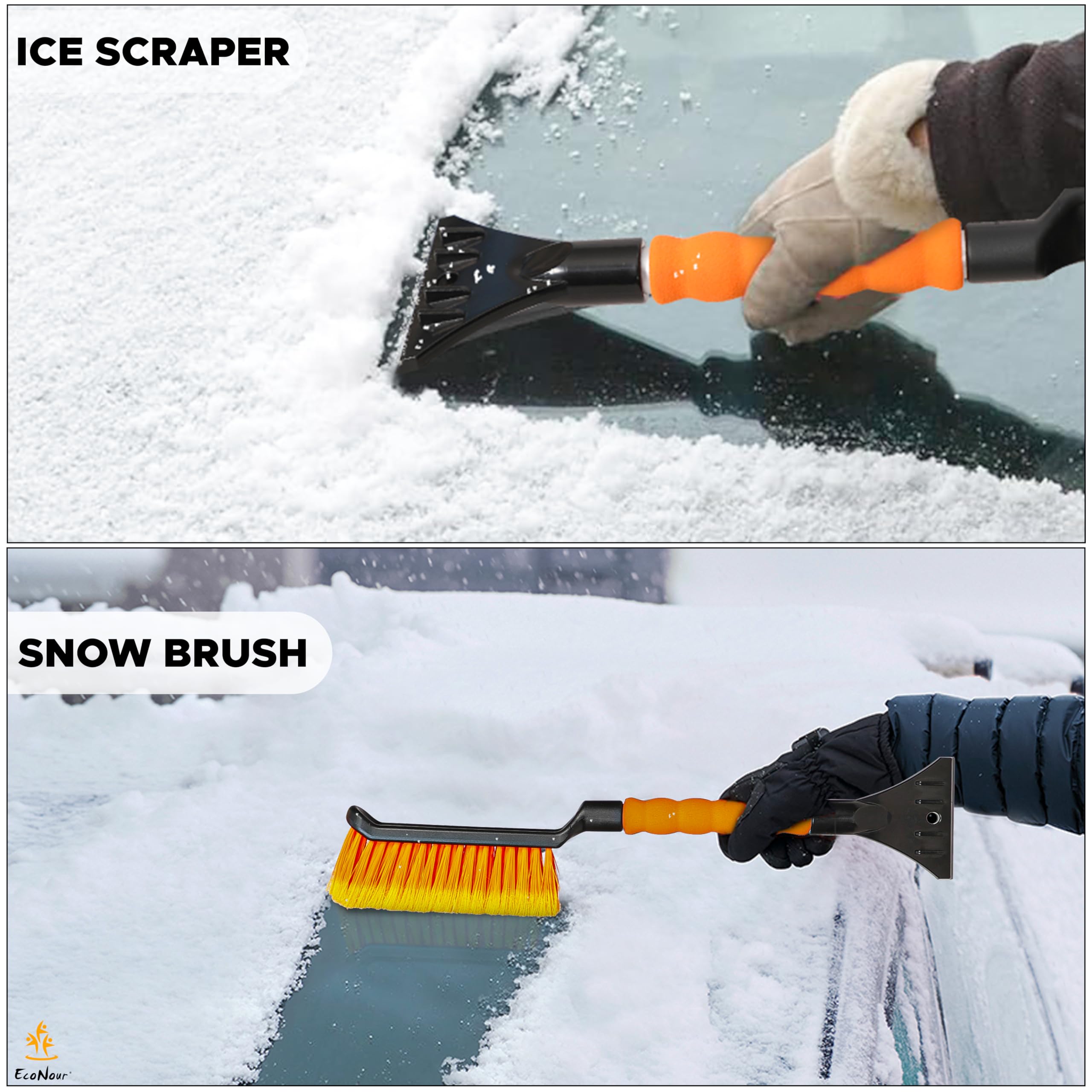 Econour 17'' Snow Brush & Ice Scraper For Car Windshield | Automotive Snow Brush With Ergonomic Foam Grip | Heavy-Duty Winter Ca