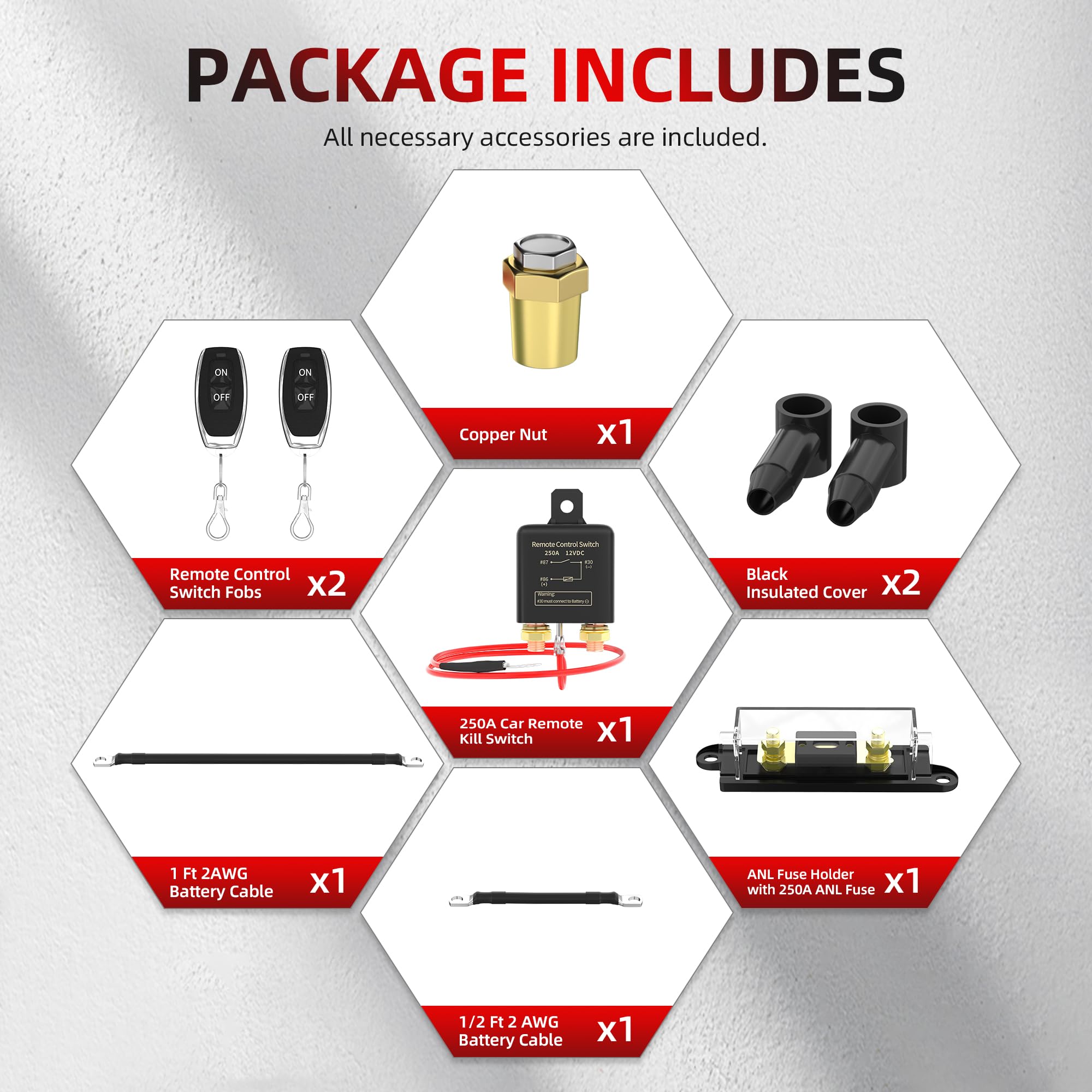 Joinfworld Kill Switch For Car 12V Remote Battery Disconnect Switch 250A Anti-Theft Remote Control Switch With Two Wireless Remote Control Relay Fobs For Auto Truck Boat