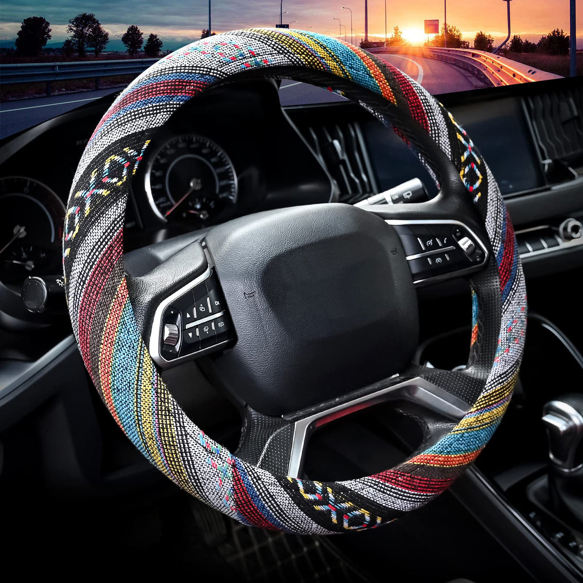 Valleycomfy Cloth Steering Wheel Covers For Women Bohemian Universal 15 Inch Baja Blanket Enthic Grey