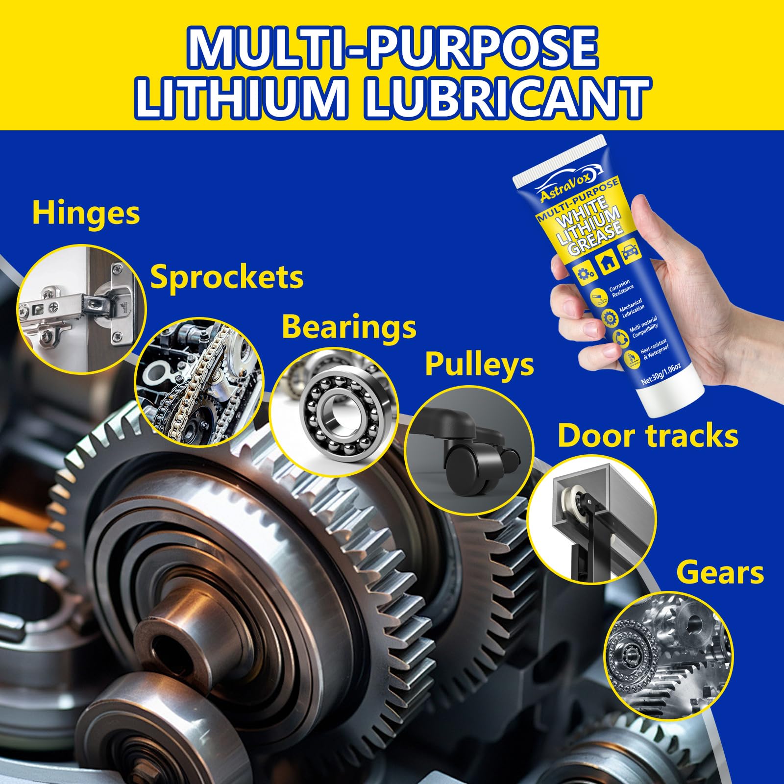 AstraVox White Lithium Grease with Brush, Multi-Purpose Garage Door Lubricant for Hinges, Bearings, Gears, Automotive, Marine, I