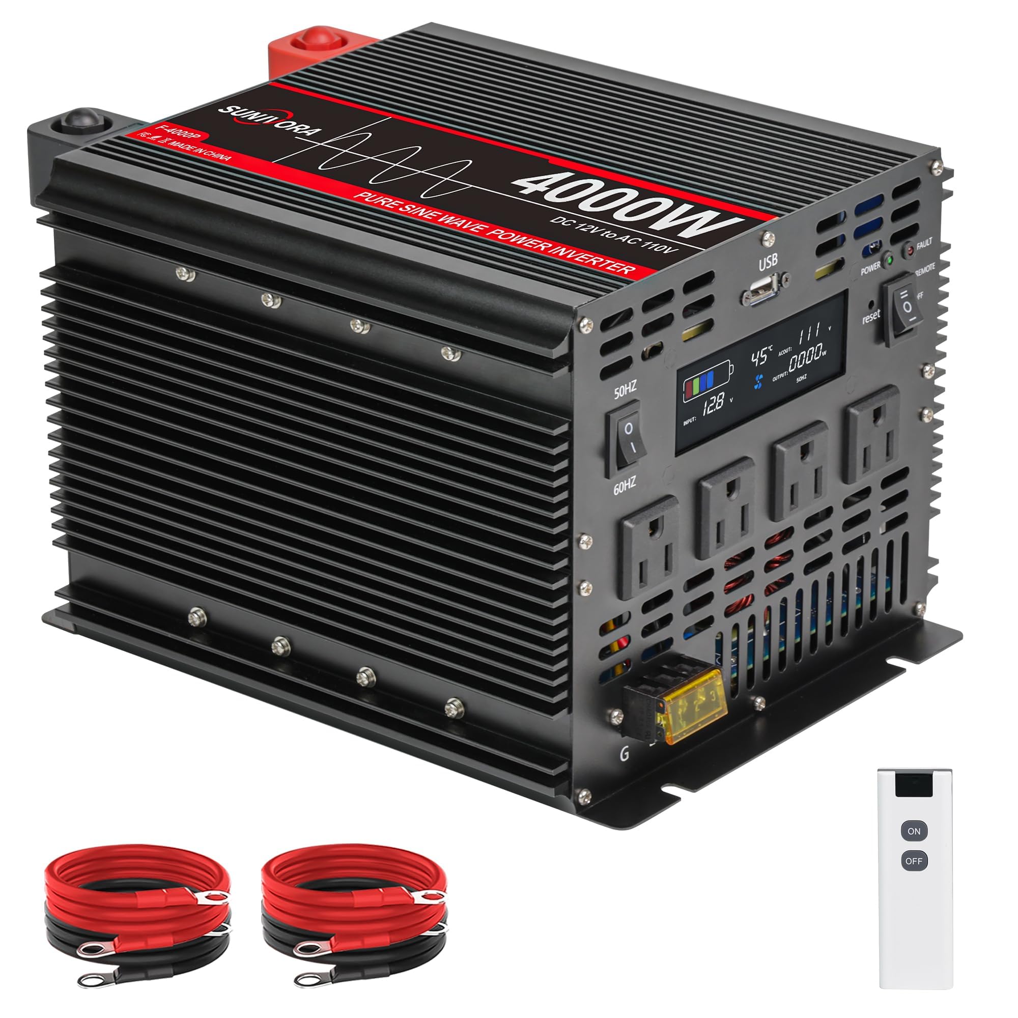 Sunivora 4000 Watt Pure Sine Wave Power Inverter with LCD 12V DC to 110V/120V AC Peak Power 8000W Car Power Inverter with 4 AC O