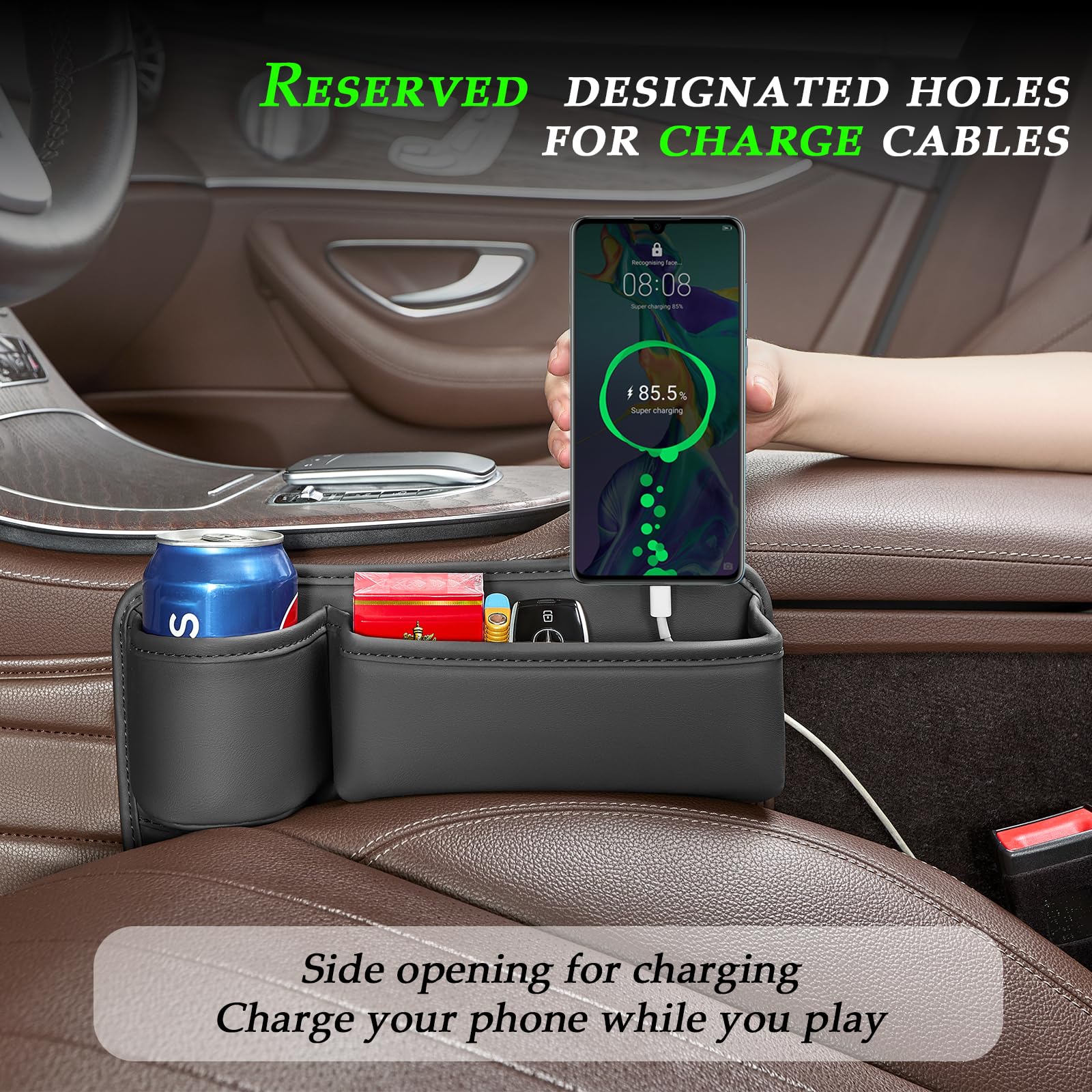 Leqbo Car Seat Gap Filler With Cup Holder,Leather Car Seat Gap Organizer,Front Car Seat Storage Box For Phones,Keys, Wallet, Sun