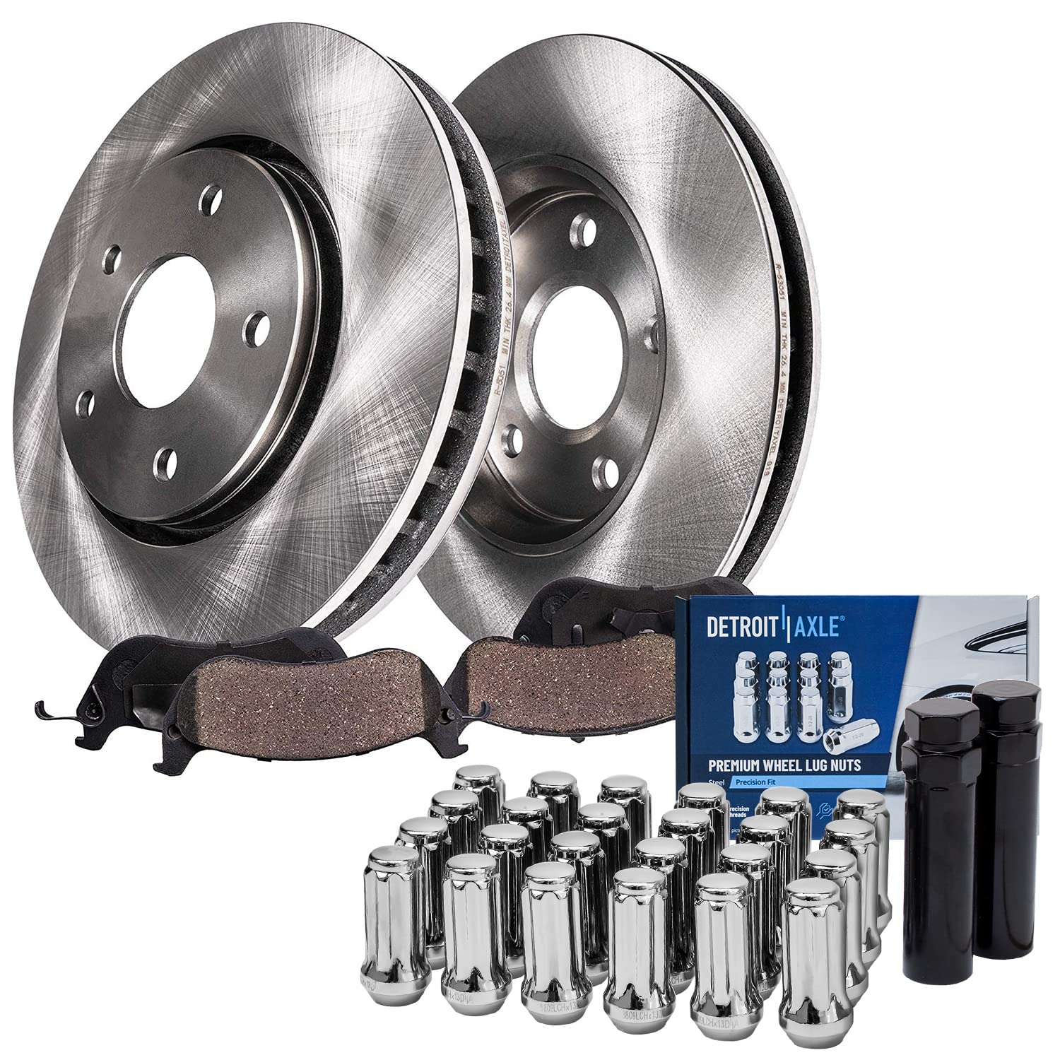 Detroit Axle - Front Disc Rotors & Brake Pads + 24pc Wheel Lug Nuts w/keys Replacement for Chevy Allure Malibu Equinox Impala Co
