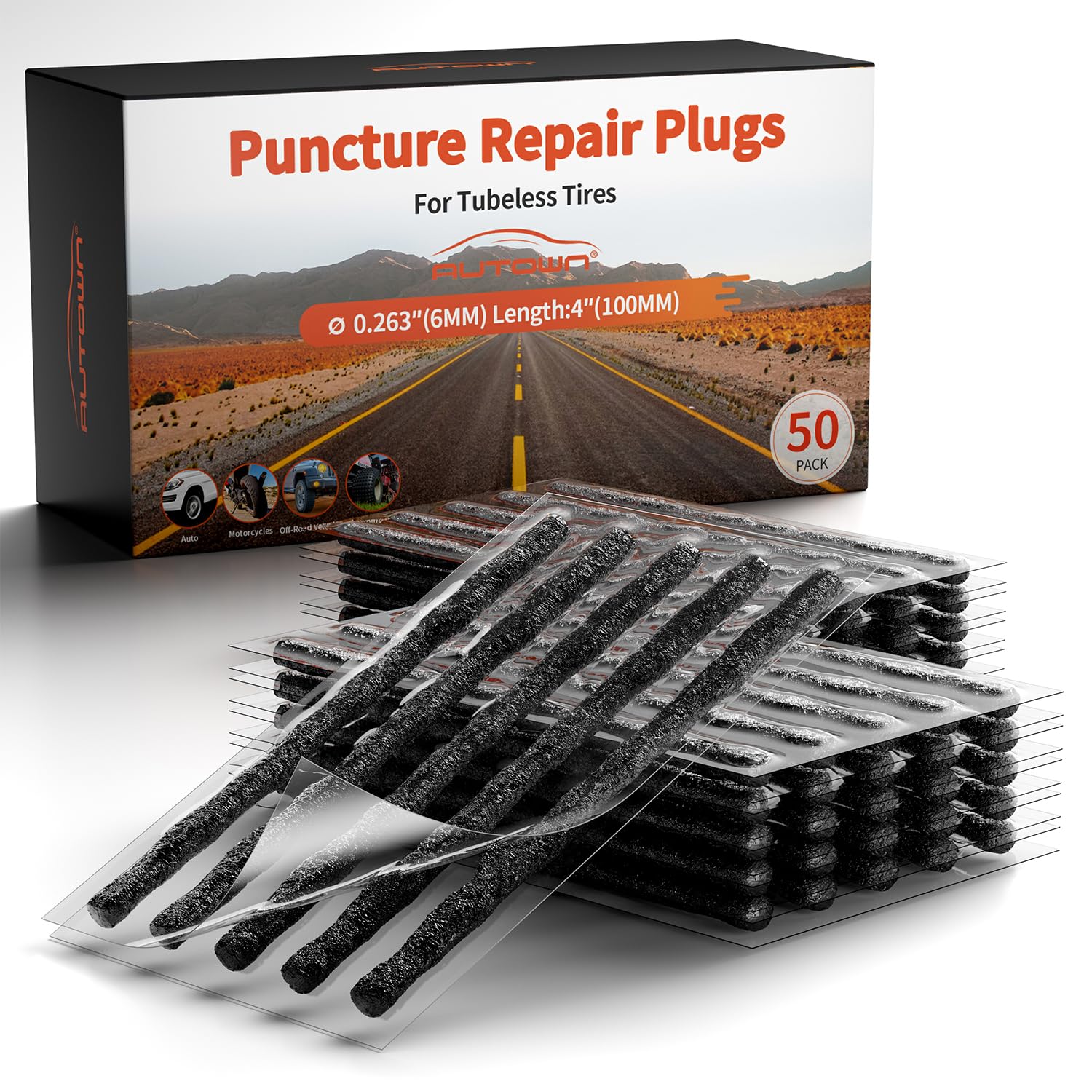 Autown Tire Plugs Heavy Duty (4 '', 50 Pack) - 1/4 '' (6Mm) Tubeless Tire Plugs For Car, Atv/Utv, Professional Tire Repair Plugs