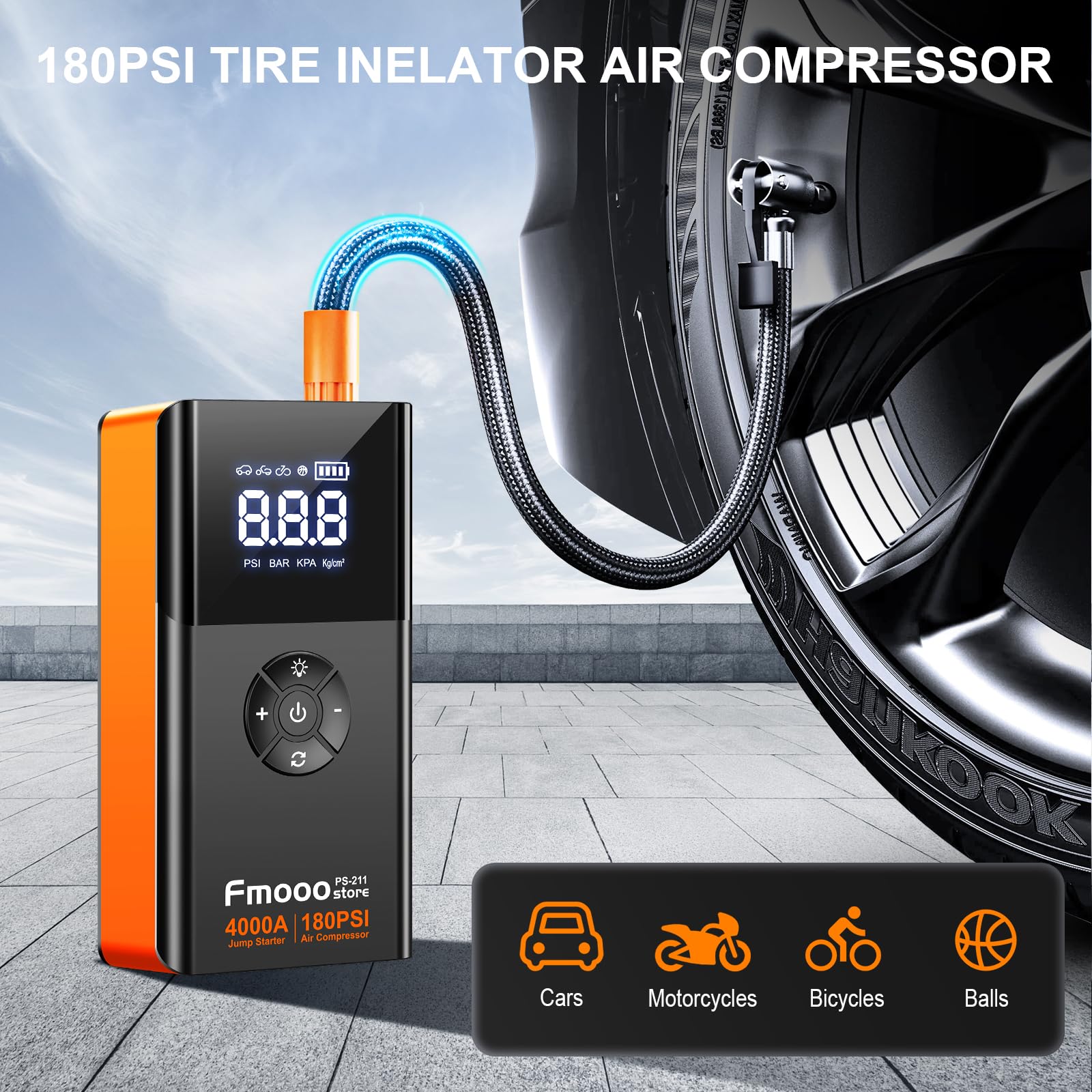 fmooostore Portable Car Jump Starter with Air Compressor 4000A 180PSI - Orange, ABS Plastic, Model PS-211