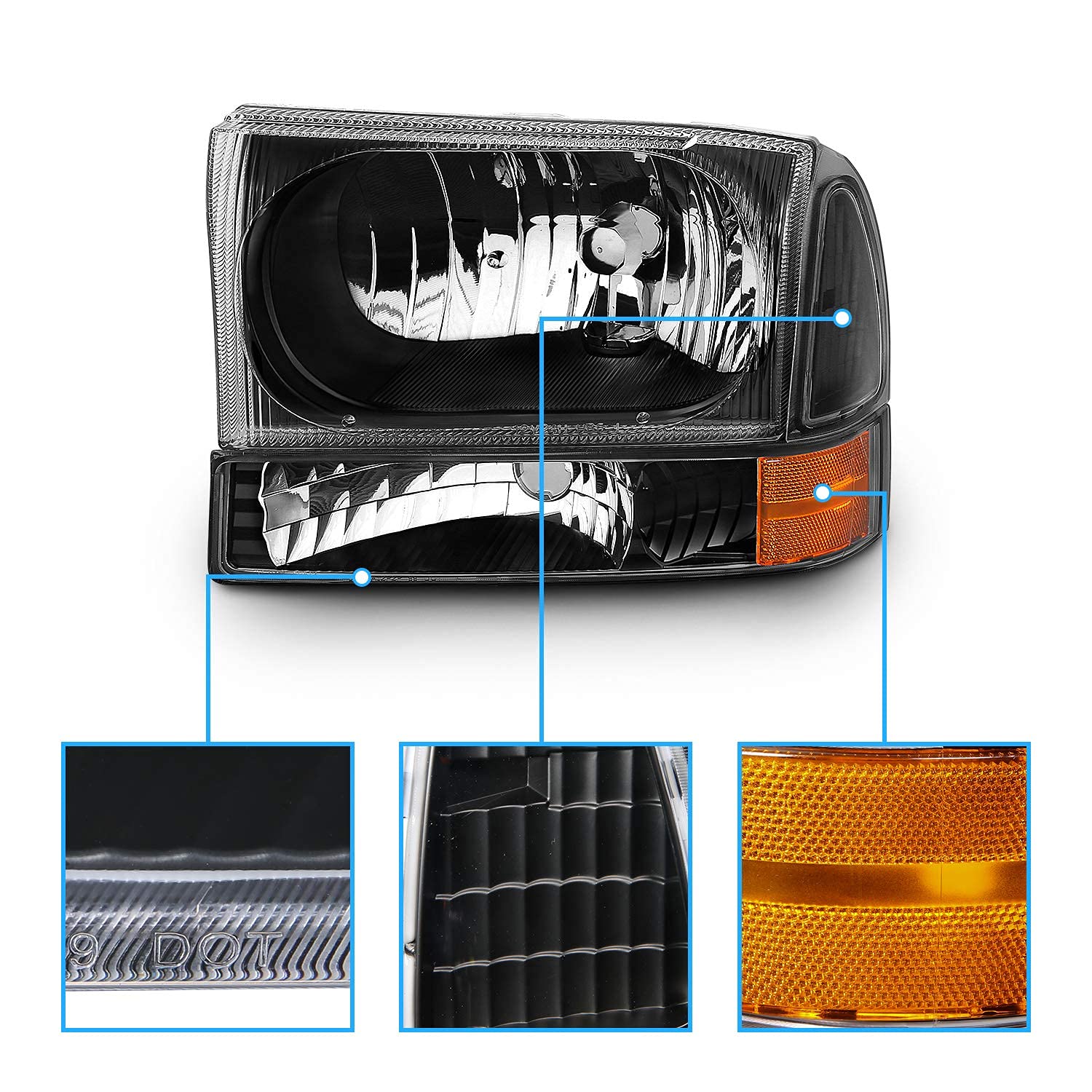 Amerilite For 1999-2004 Ford Super Duty F250 F350 F450 F550 | Excursion Black Factory Style Replacement Headlights W/Corner Bump