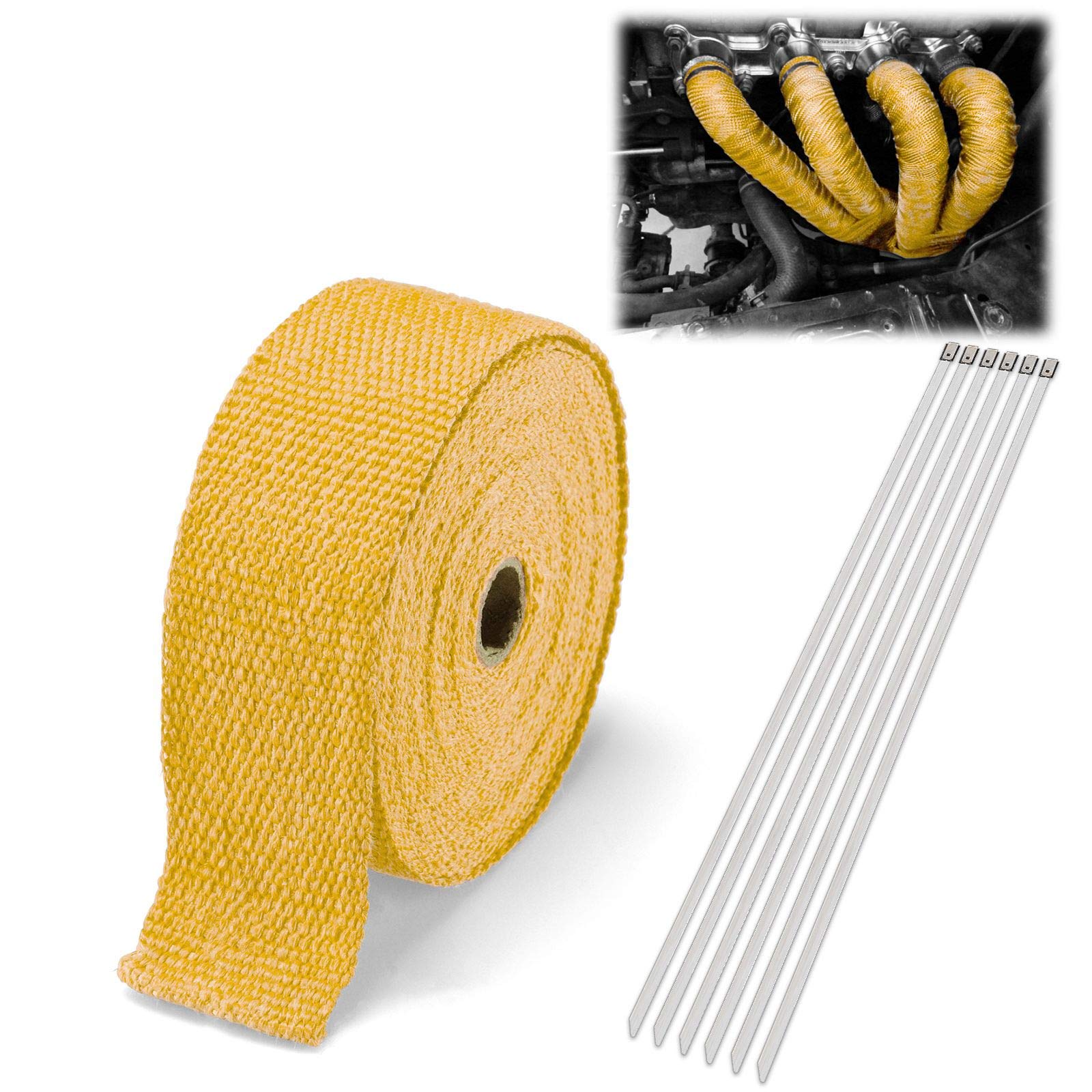 Yellow Exhaust Pipe Insulation Thermal Heat Wrap 2' X 50' Motorcycle Header Protection Fiberglass Heat Shield 6X Stainless Ties