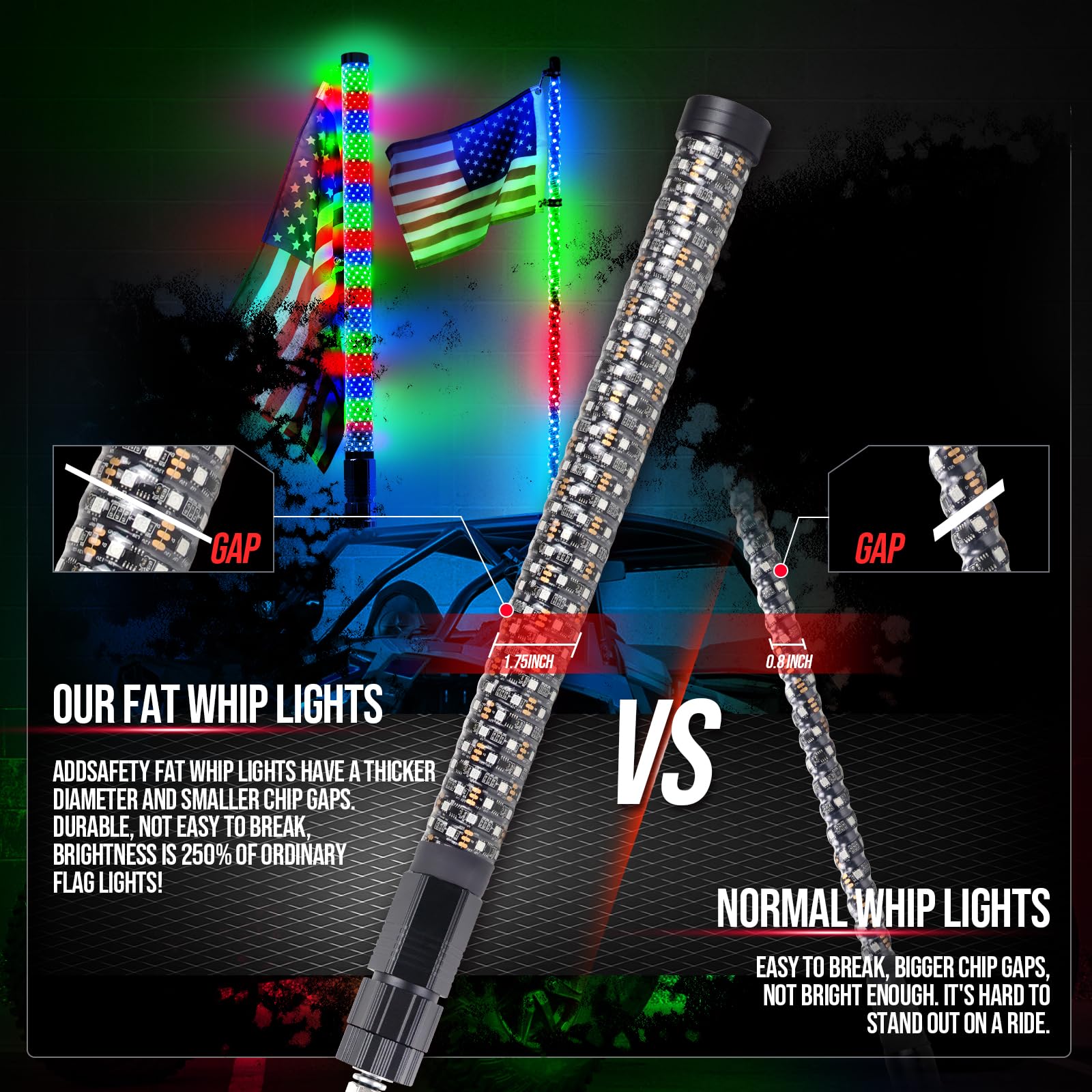 AddSafety 2PCS 2FT Fat Whip Lights UTV Whip Lights with Rocker Switch,High Brightness Antenna Whips Side by Side with Steering/B