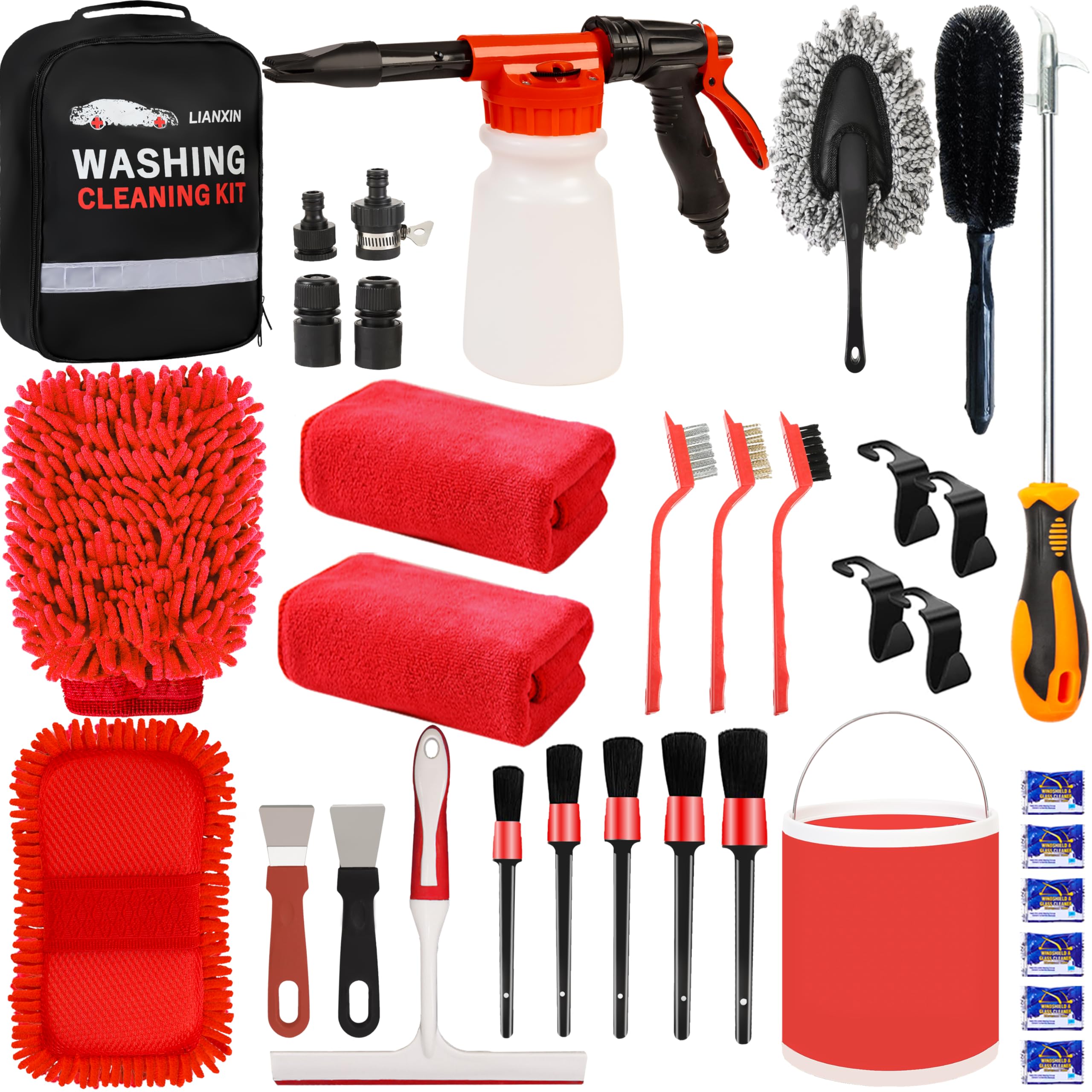 Lianxin Car Wash Kit - Car Cleaning Kit,Car Wash Kit With Foam Gun, Microfiber Sponge And Towels,Tire Brush, Collapsible Bucket,