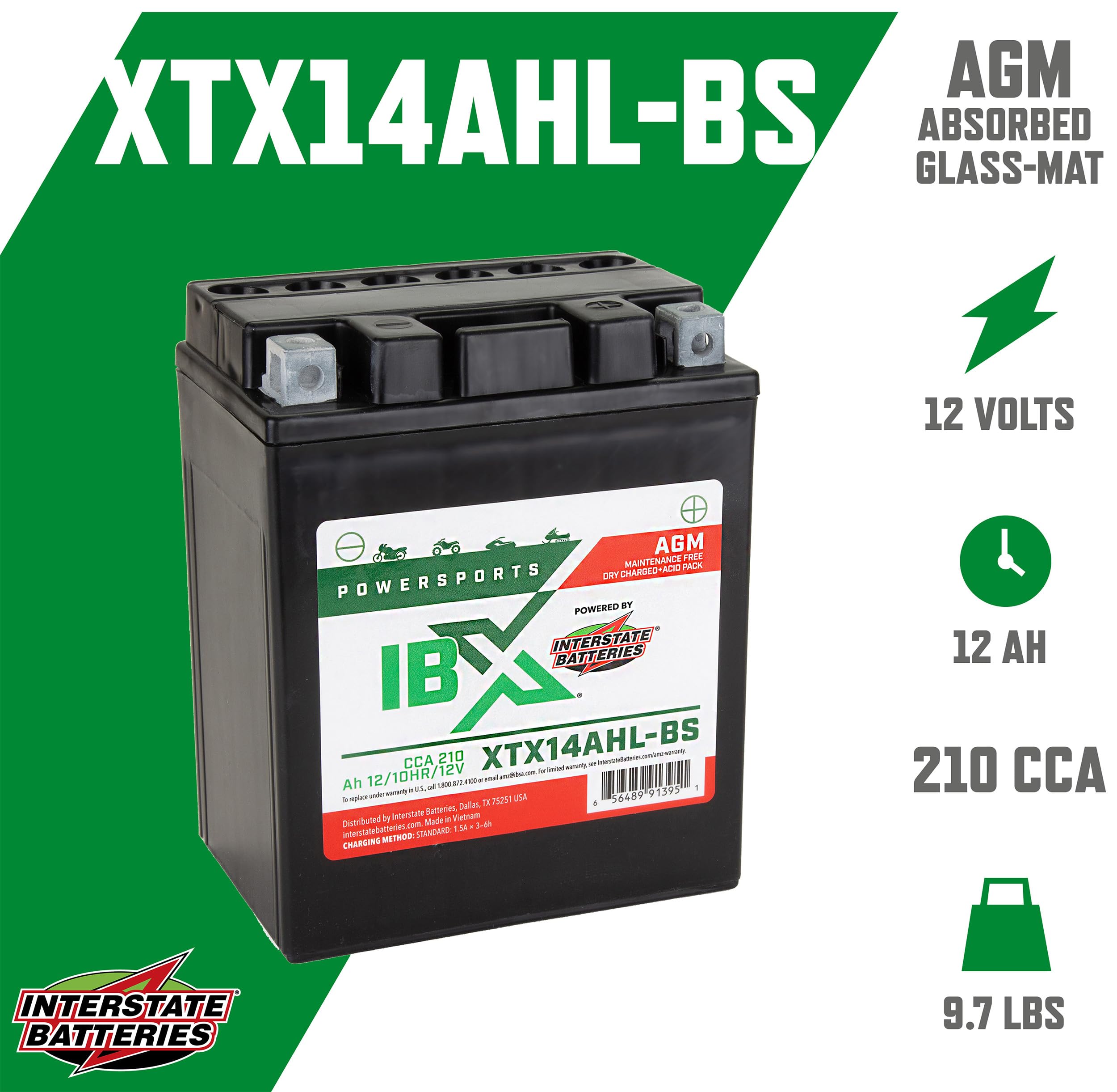 Interstate Batteries Ytx14Ahl-Bs 12V 12Ah Powersports Battery 210Cca Agm Rechargeable Replacement Battery For Motorcycles, Snowm