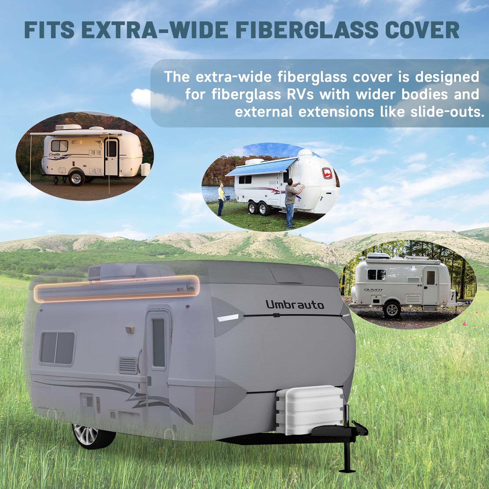 Umbrauto Upgraded Fiberglass Travel Trailer Cover Fits 8'-10' Trailers, Windproof 7 Layers Top Camper Rv Cover With Windproof St