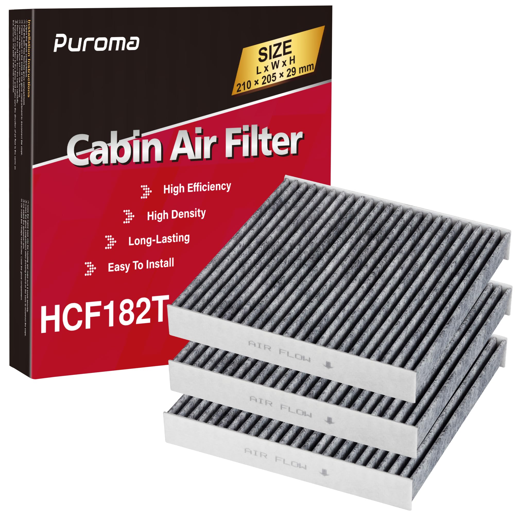 Puroma 3 Pack Cabin Air Filter with Activated Carbon Replacement for CP182, CF11182, Compatible with Honda CR-V, Civic, Accord, 