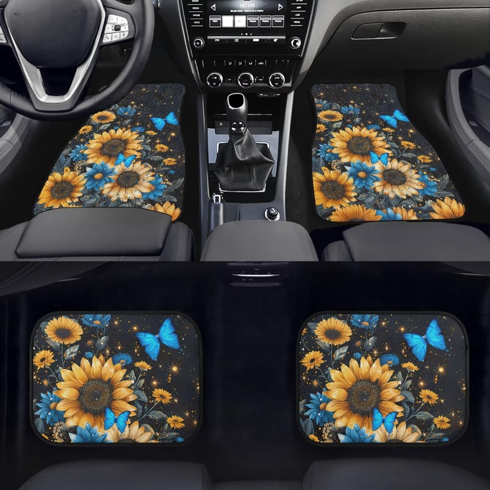 FUIBENG 4 Piece Sunflower Car Floor Mats Full Sets Blue Butterfly Yellow Sunflower Floor Mats for Vehicle Front and Back,Stain R
