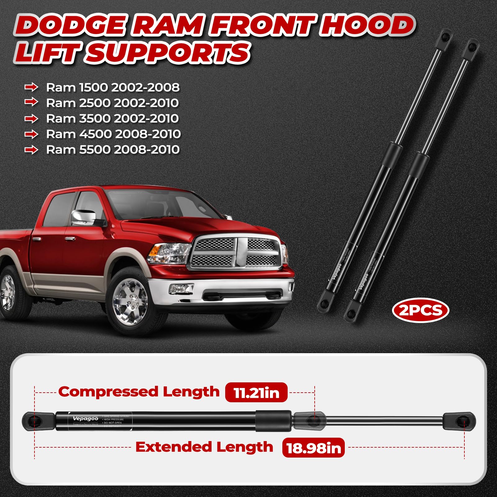 Vepagoo 2 Front Hood Gas Lift Supports Struts 4364 Compatible For 2002-2010 Dodge Ram 1500/2500/3500/4500/5500 Stretching Techno