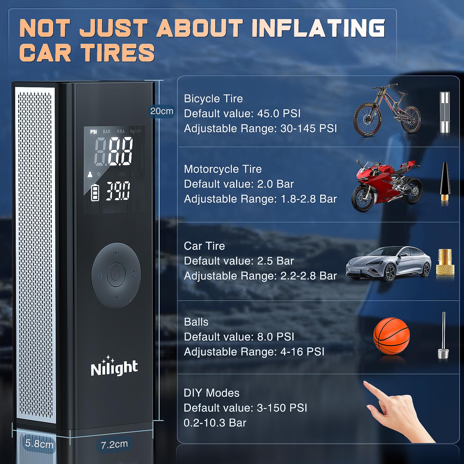 Nilight Tire Inflator Portable Air Compressor Battery Powered Rechargeable 12Vdc 150Psi Cordless Tire Pump W/Digital Pressure Ga