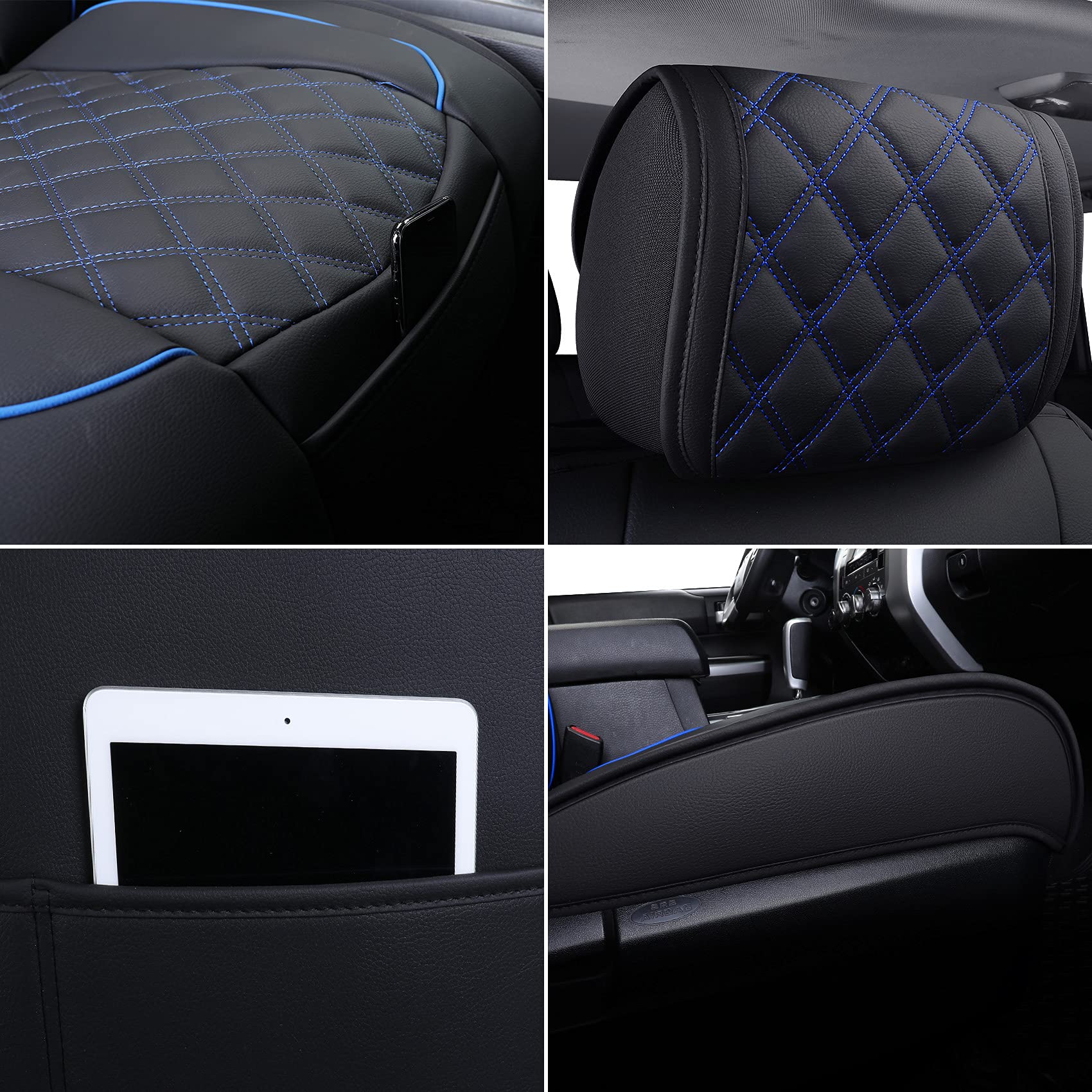 Yiertai Truck Seat Covers Compatible With Toyota Tundra For 2008-2025 Tundra Crewmax Sr5 Limited Double Cab Crew Extended Cab Waterproof Leather Seats Protectors(2 Pcs Front Only/Black-Blue)