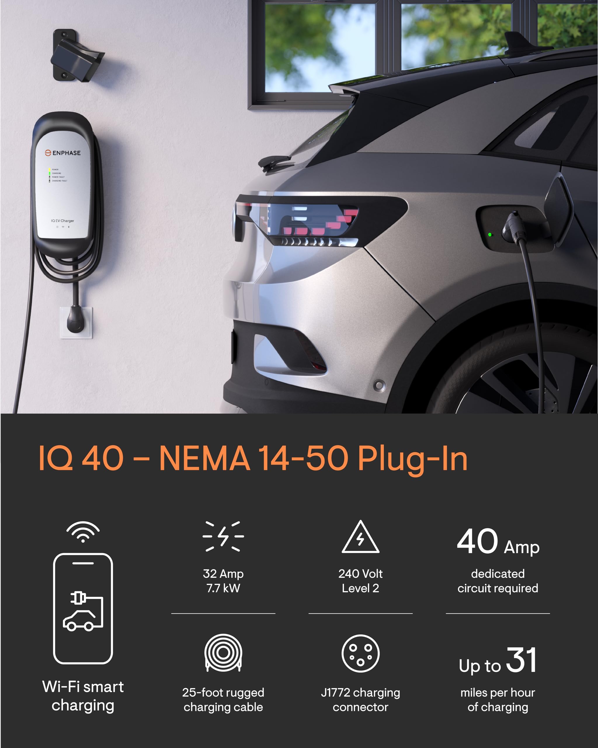32 Amp Plug-in Smart EV Charger - Enphase IQ 40 with NEMA 14-50 Plug, 7.7kW Power, 240V, 5-Year Warranty, Wi-Fi Connected, Safet